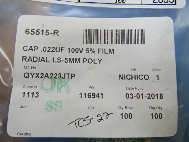 NICHICON QYX2A223JTP Qty of 83 per Lot 0.022µF Film Capacitor 100V Polyester