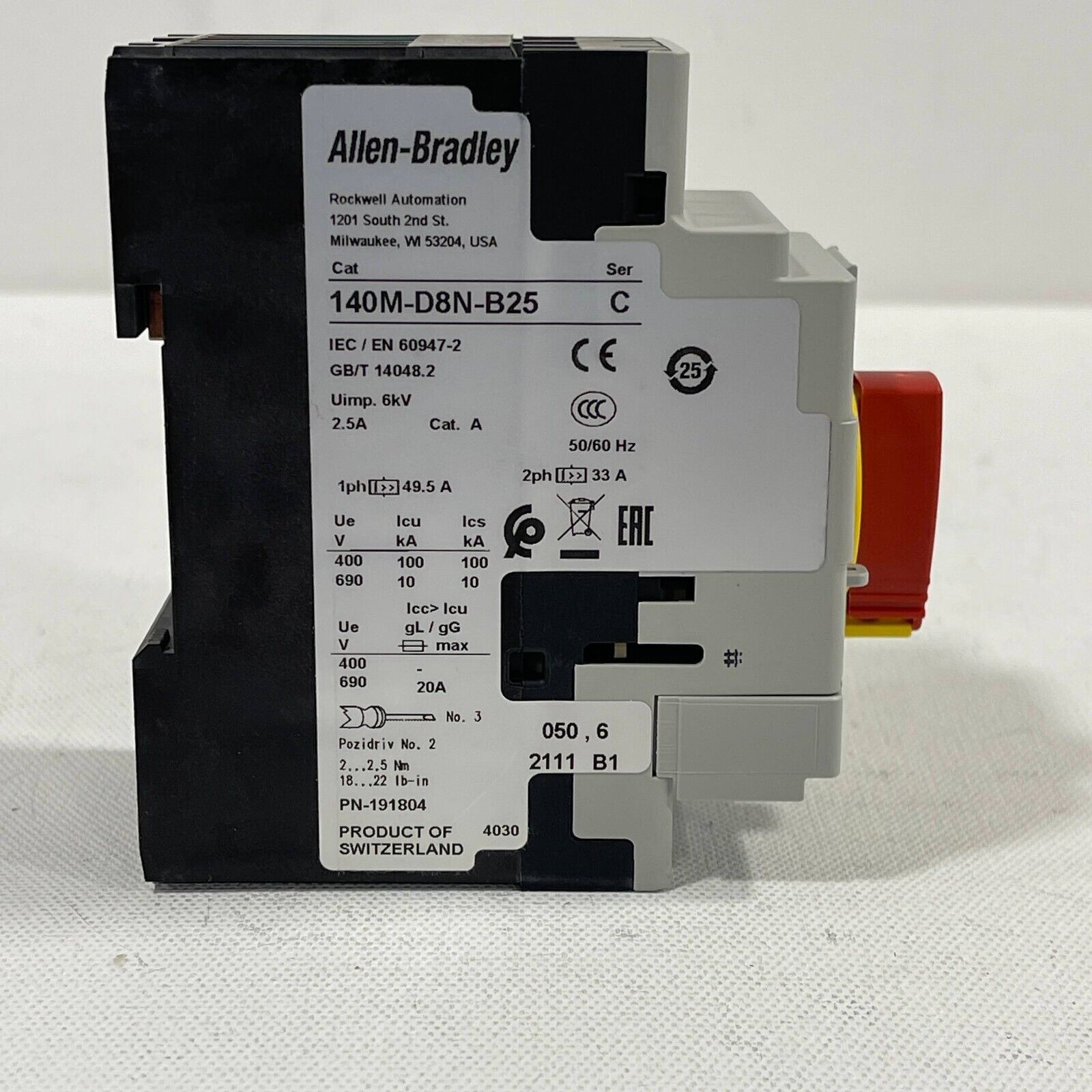 Allen Bradley 140M-D8N-B25 Circuit Breaker Motor Protection Breaker 2.5A