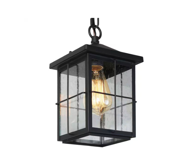 LNC Modern Farmhouse Black Outdoor Lantern 1-Light Pendant w/ Seeded Glass