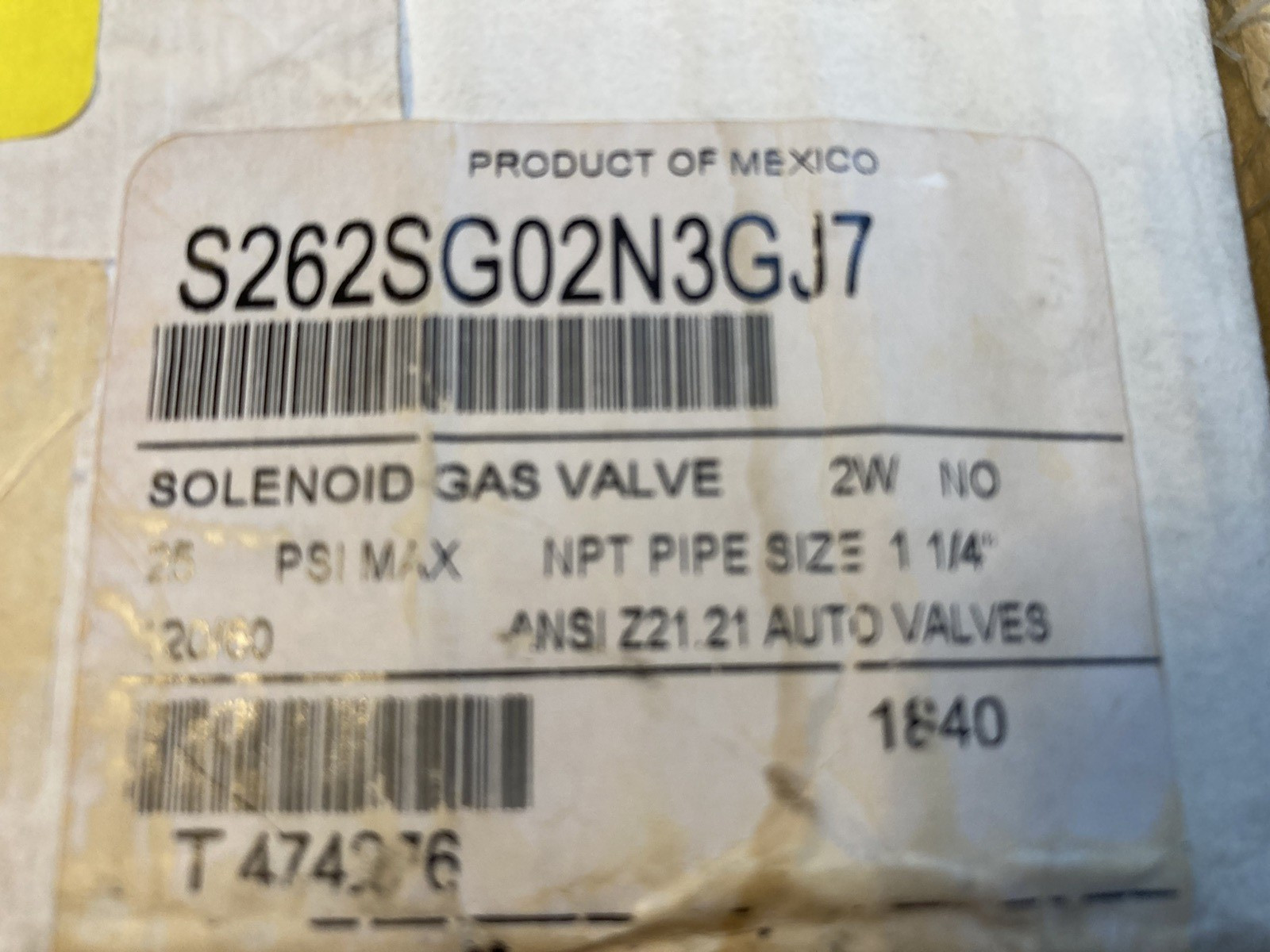 Asco- S262SG02N3GJ7 N/0 Gas Valve NPT Pipe Size 1 1/4″ – 25 Psi, NEW -Open Box