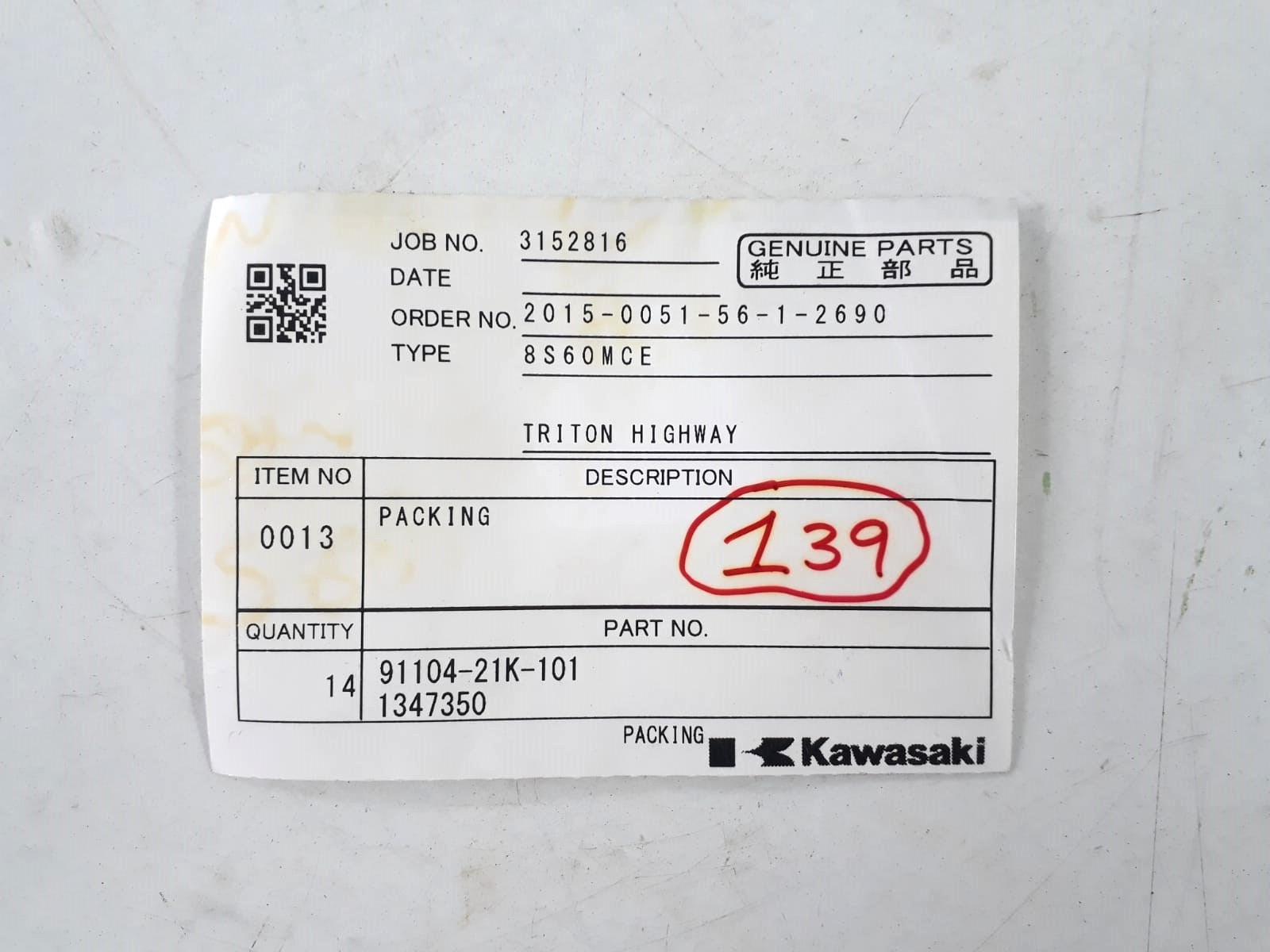 Packing P/N 91104-21K-101 1347350 For Kawasaki 8S60MCE Engine Genuine Parts