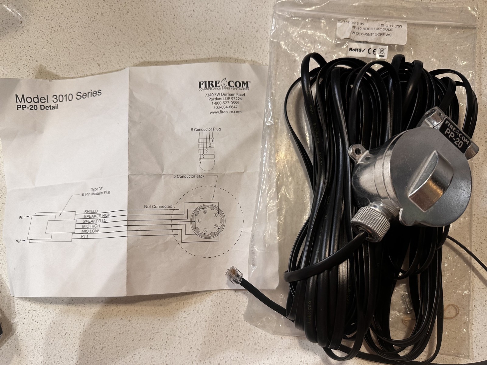 Firecom Model 3010 Series PP-20 75′ Pump Panel Headset Module 107-0413-05 NOS