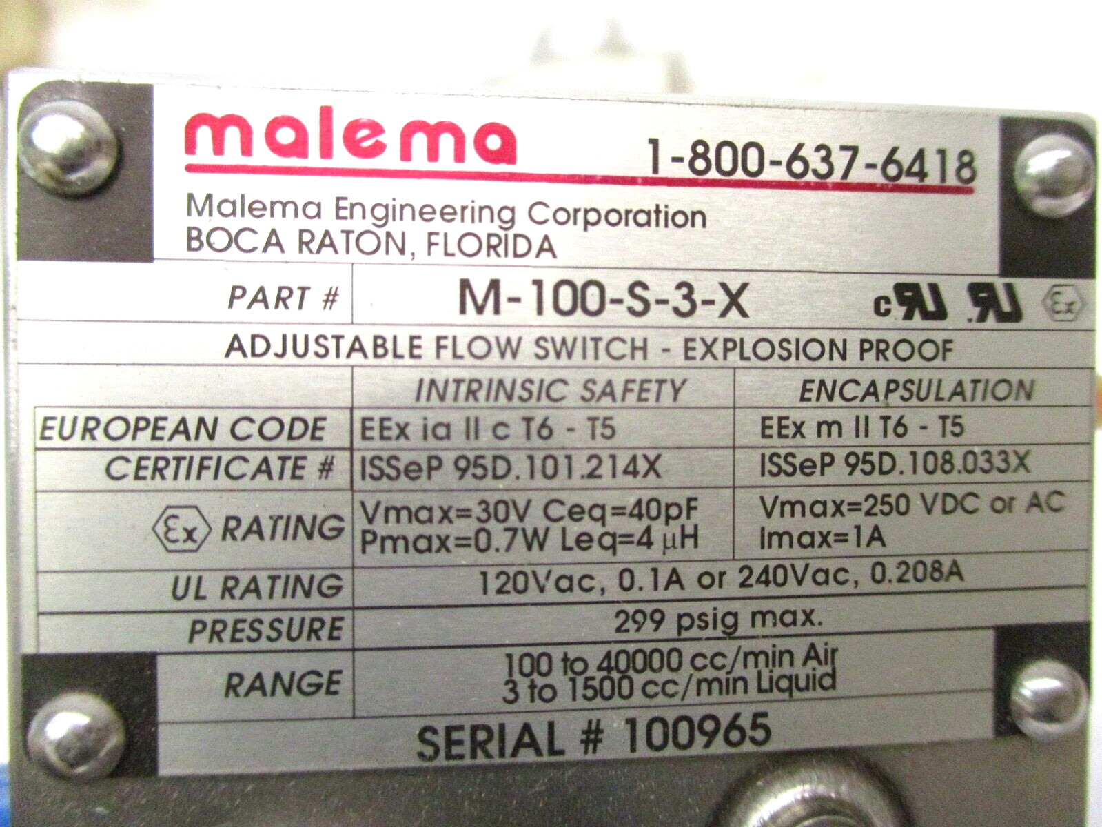 Malema M-100-S-3-X UL Recognized Adjustable Flow Switch A7236WVS
