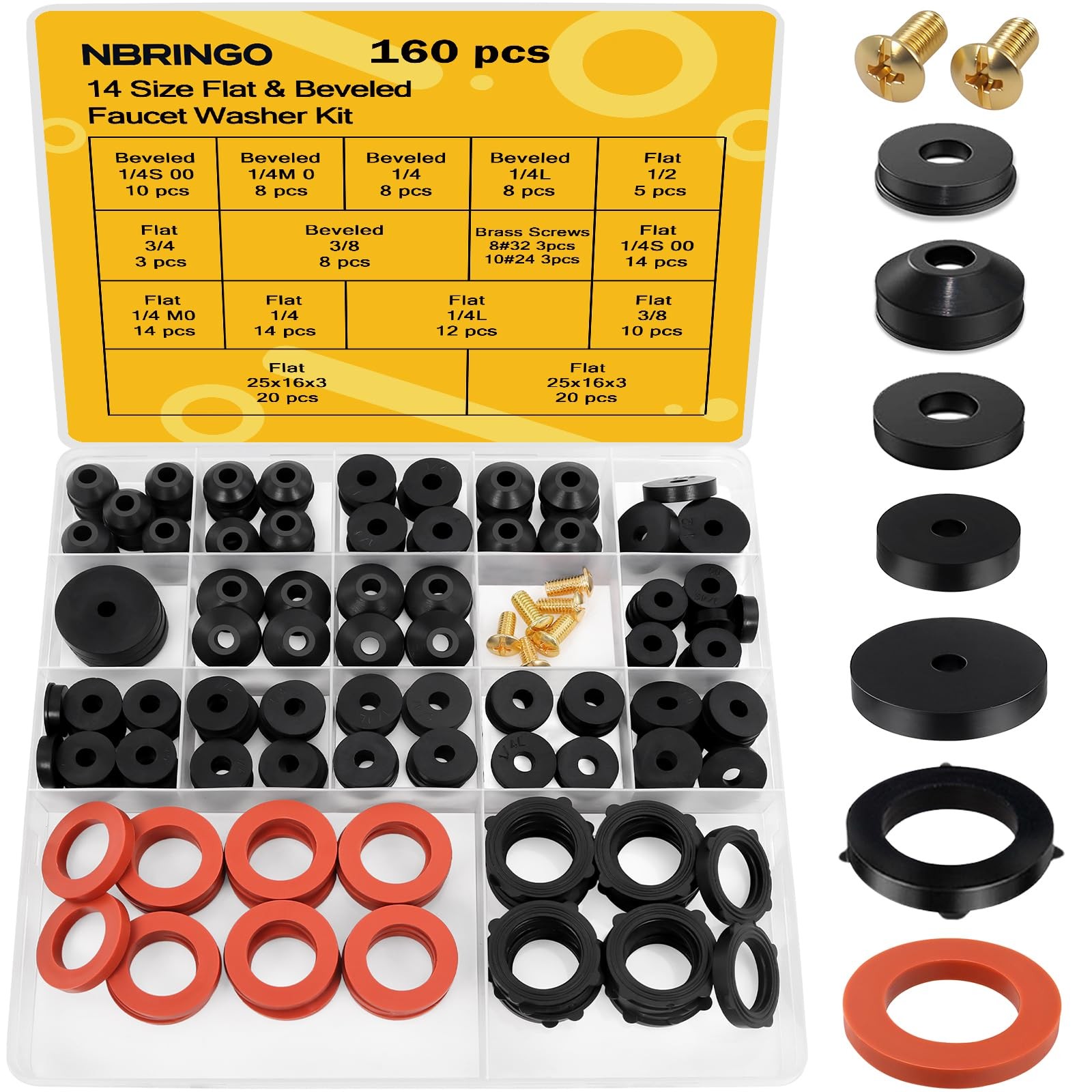 NBRINGO 160 Pieces Hose Bib Washer & Faucet Washers Assorted Kit 14, Black