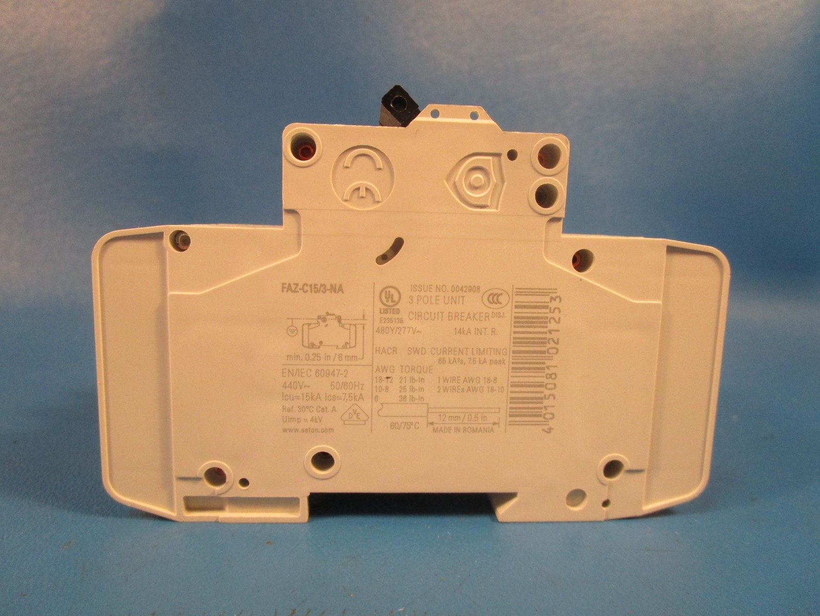 EATON FAZ-C15/3-NA, CIRCUIT BREAKER, THERMAL MAGNETIC, 14 KA, 15 AMP, 3 POLE, 27