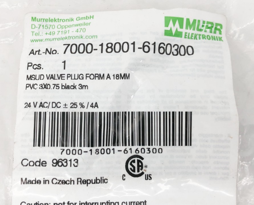 New Murr Elektronik 7000-18001-6160300 MSUD Valve Plug Form A 18mm