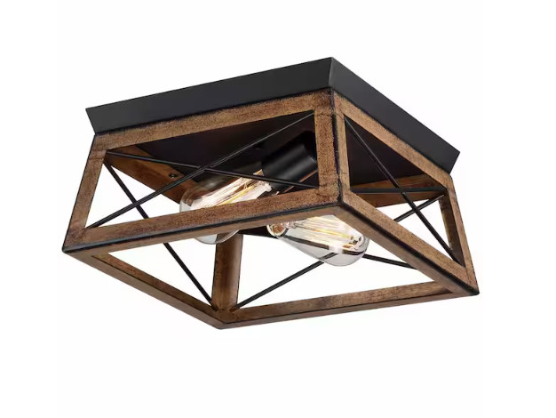 Pia Ricco 2-Light Farmhouse Barnwood and Matte Black Flush Mount Ceiling Light