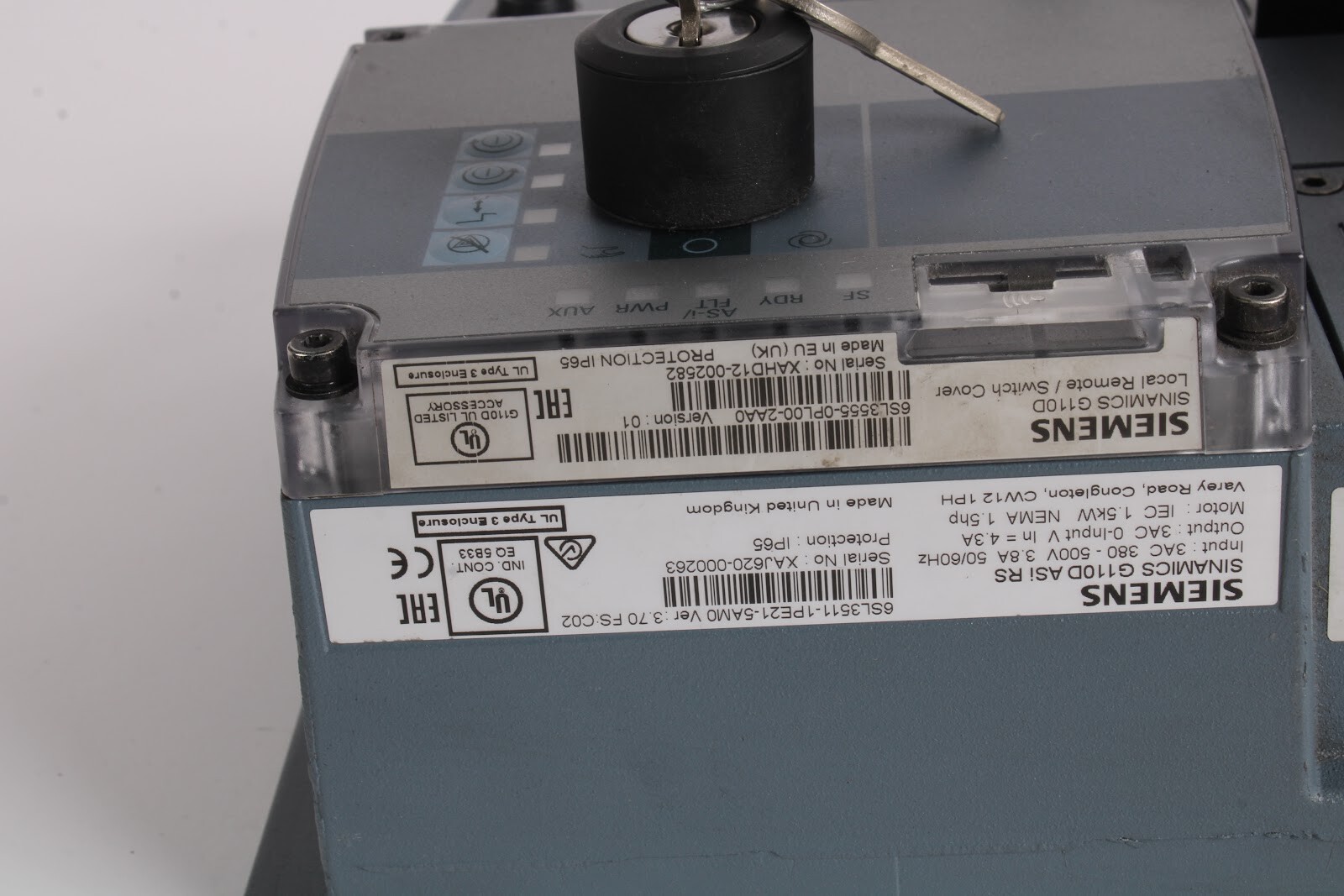 Siemens 6SL3511-1PE21-5AM0 G110D ASi RS Drive W/ 6SL3555-0PL00-2AA0 Switch Cover