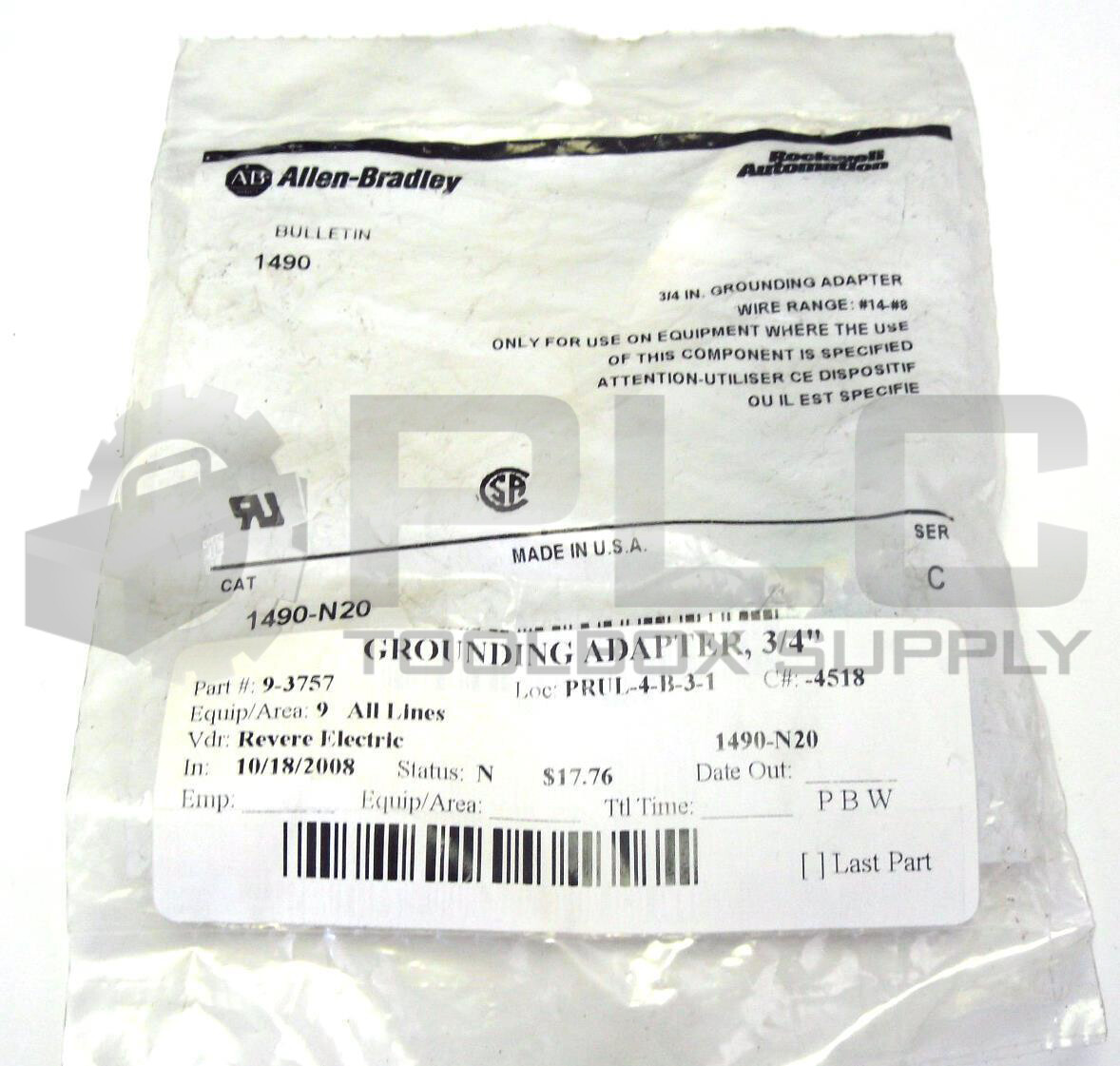 NEW ALLEN BRADLEY 1490-N20 SERIES C GROUNDING ADAPTER