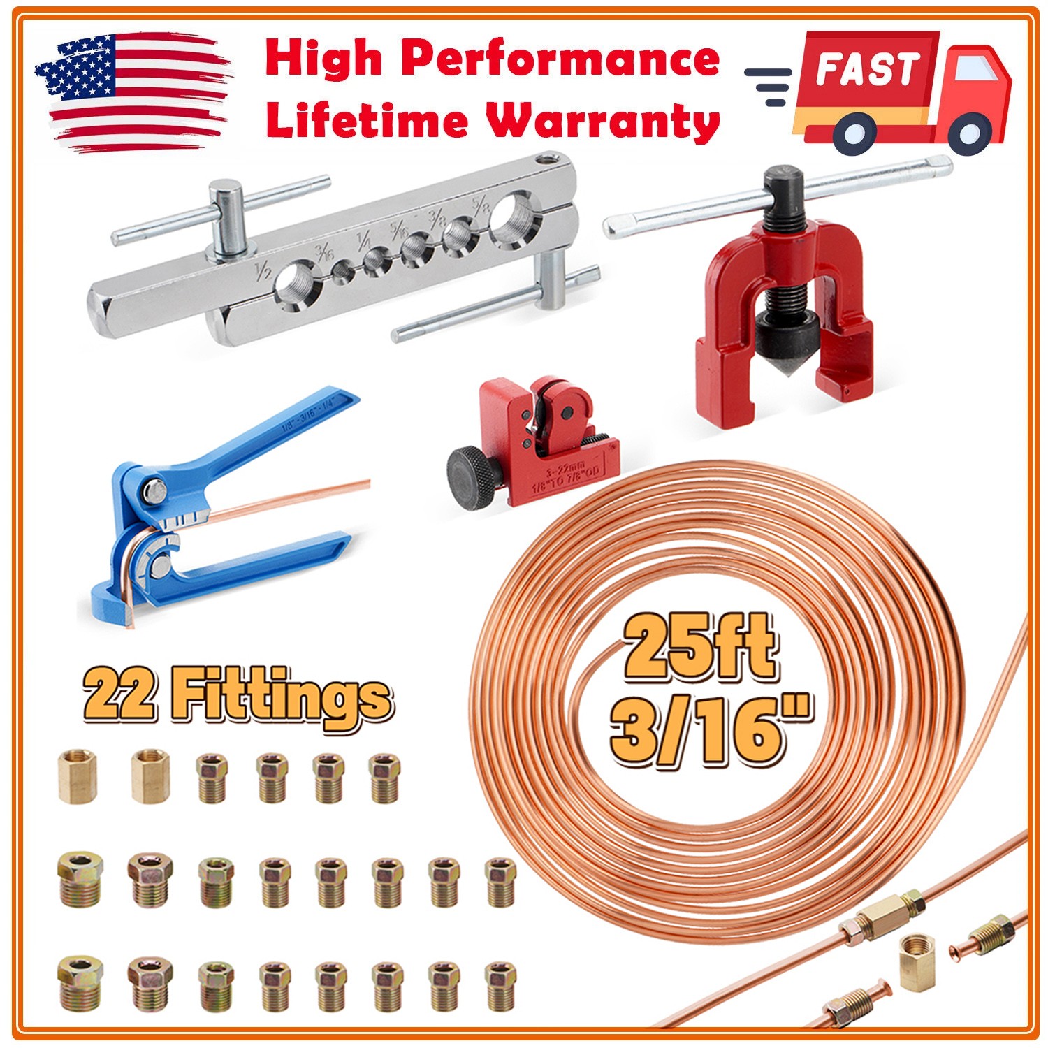 25Ft 3/16″ Copper-Coated Brake Line Repair Kit W/ 16 Fittings, 2 Union and 4 Nut