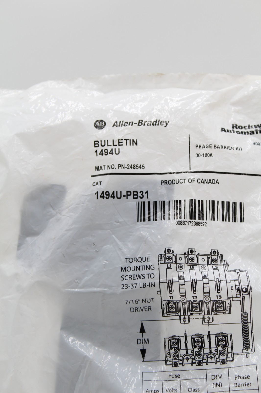 Allen-Bradley 1494U-PB31 30-100 Amp Phase Barrier Kit
