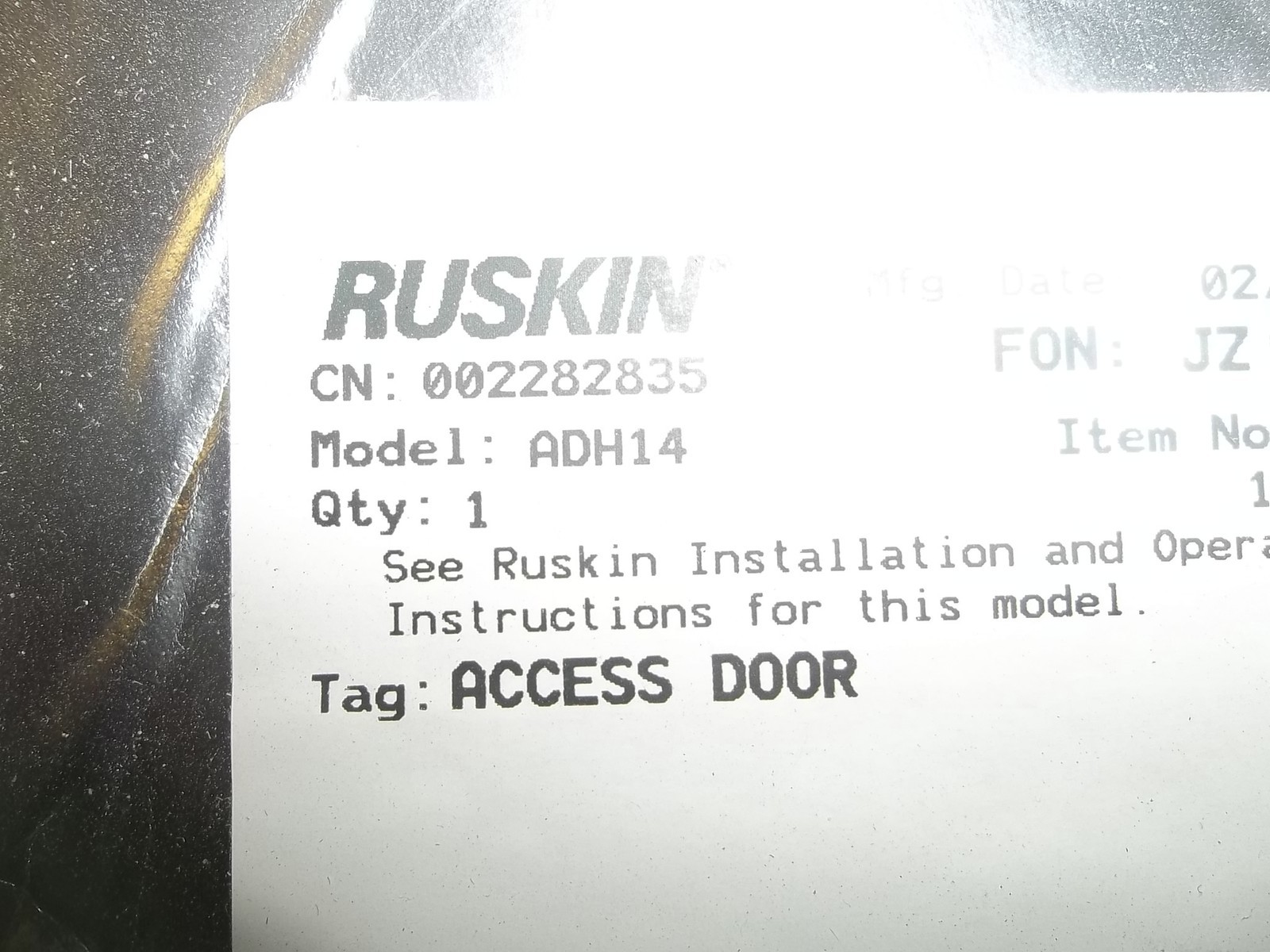 Ruskin Access Door 002282835 18″ x 18″ Model ADH14 JZ045355 *FREE SHIPPING*