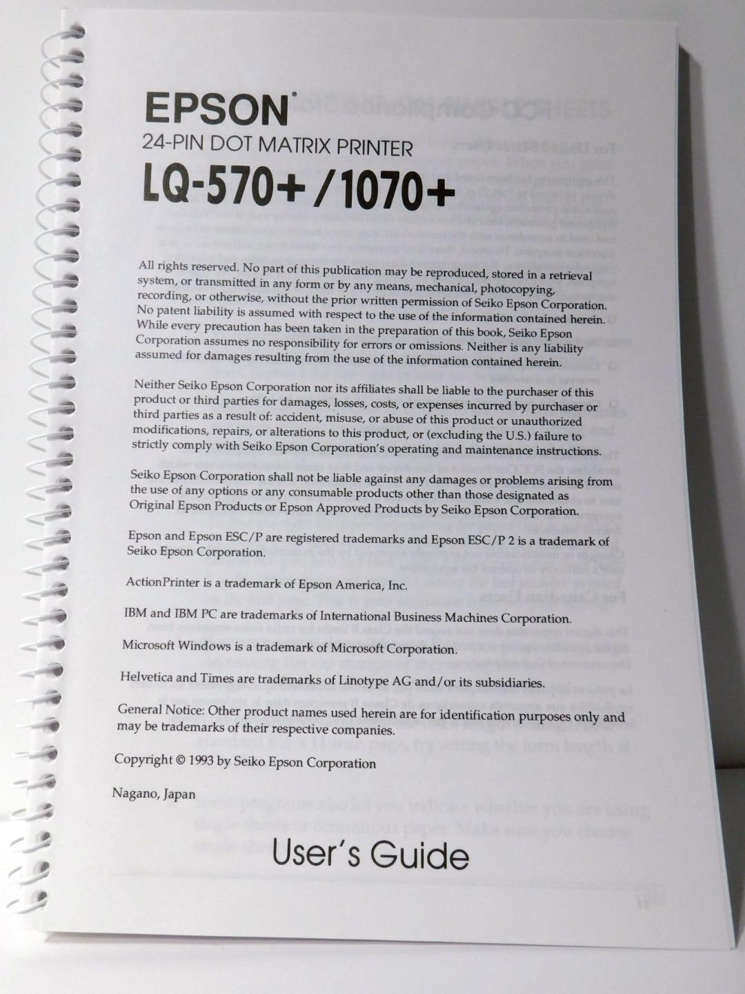 EPSON Users Guide LQ-570+/1070+ Printer Manual w/Registration Cards