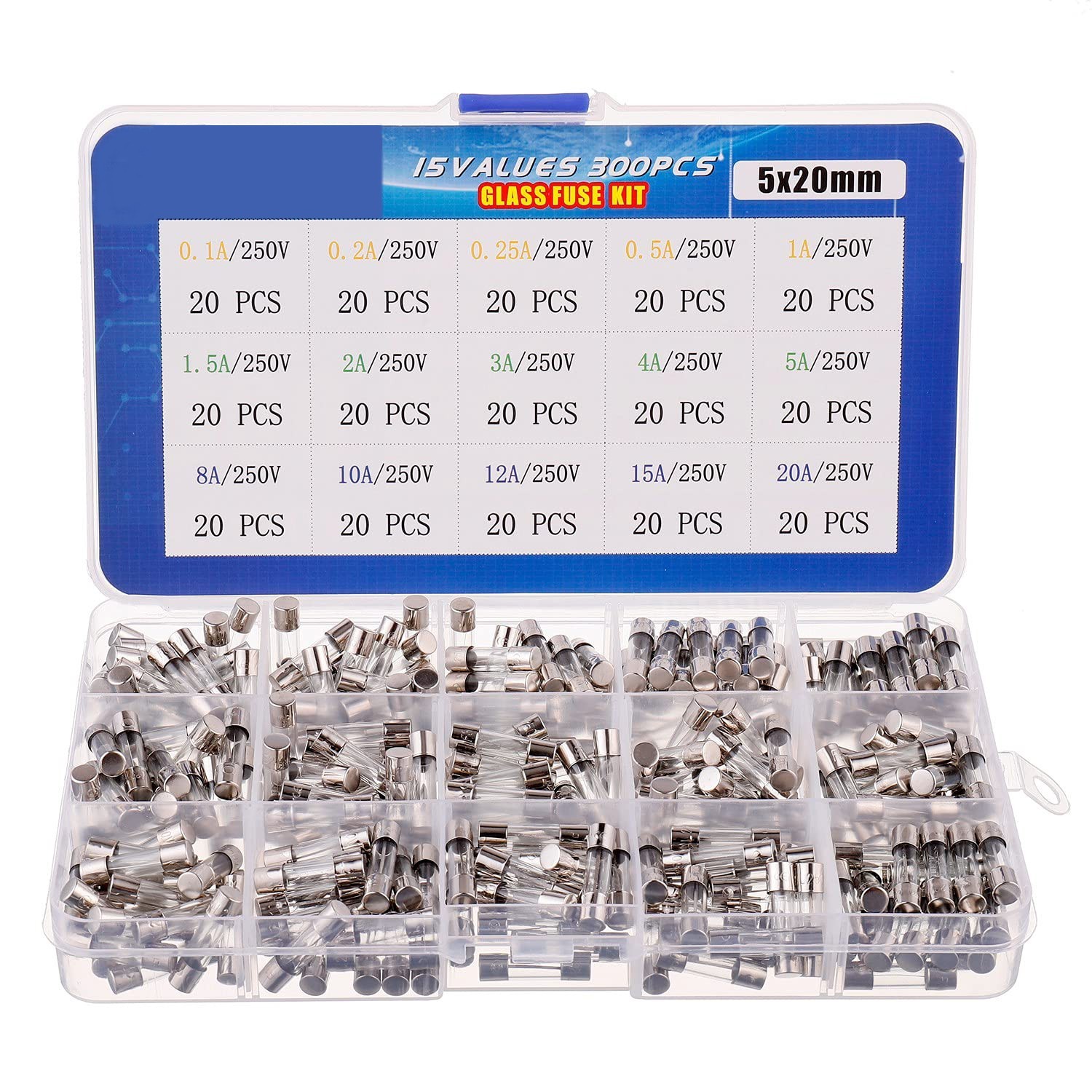 300 Pcs 15 Values 5 x 20mm Fast-Blow Glass Fuse Assortment 250V 0.1A Tube Fuses