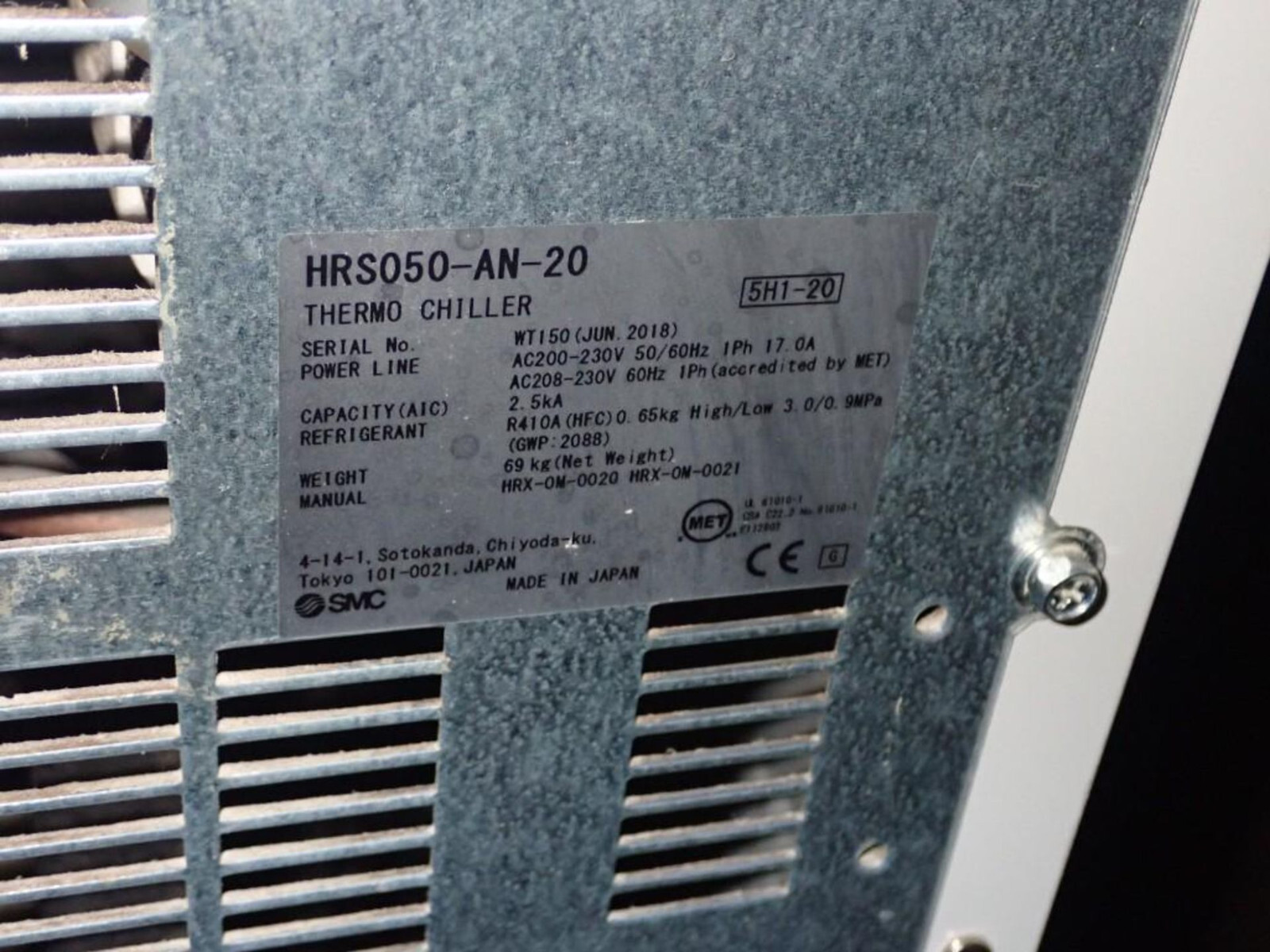 SMC HRS050-AN-20 Chiller, Clear Water, Air Cooled, 5100W Thermal Chiller 224