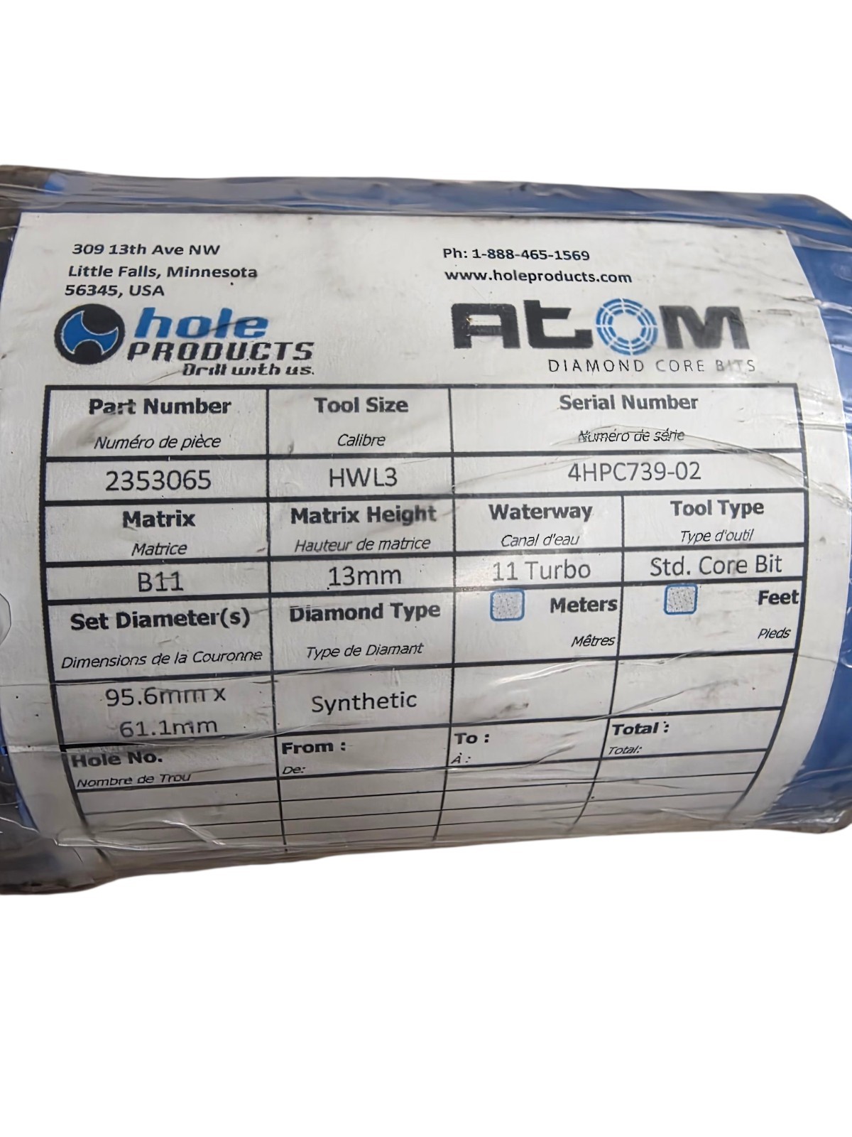 New Diamond Core Hole Products HWL Standard Size Drill Bit 3.762 2353065