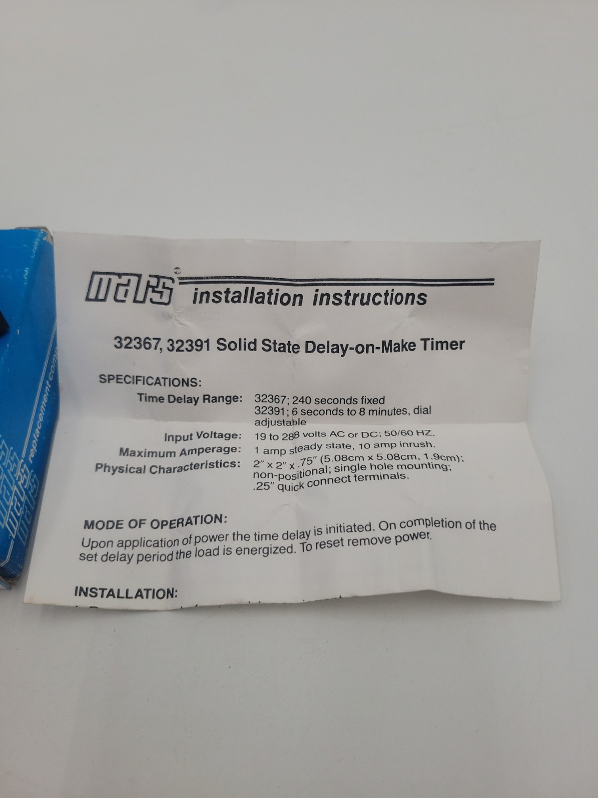 Mars 32391 Solid State Time Delays Universal Timer 6 sec to 8 min NOS