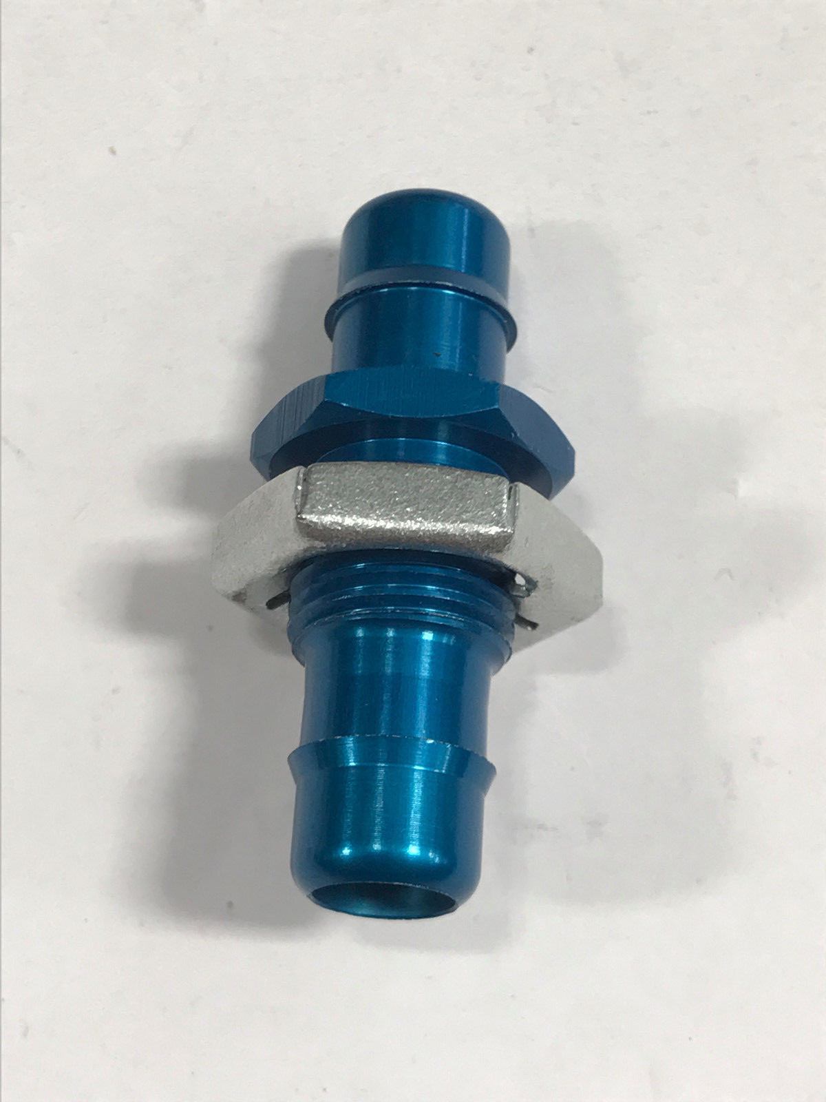 Blue anodized aluminum bulkhead fitting 1/2-20 thread to 3/8 ID tubing barb