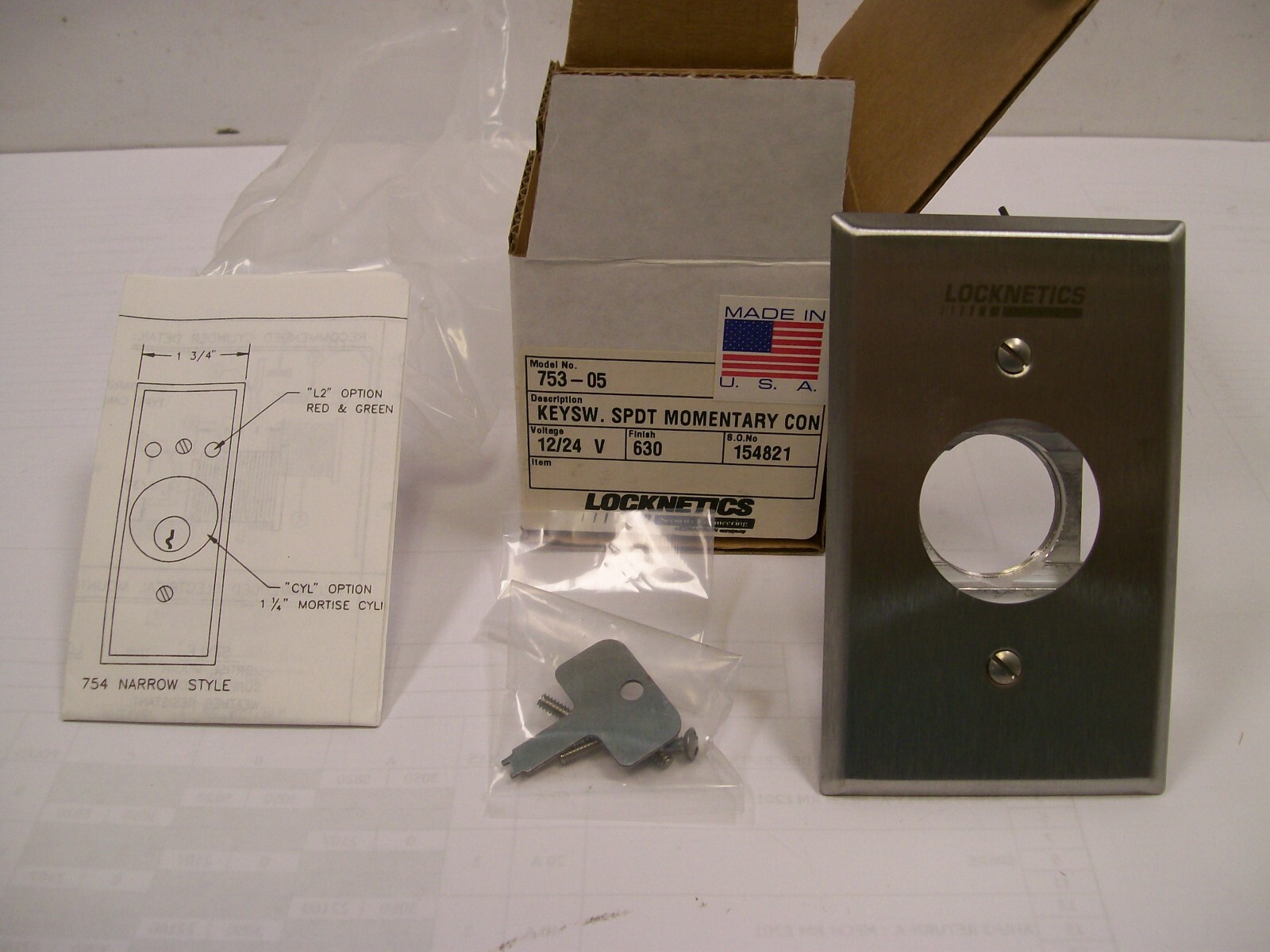 Locknetics #753-05 Key Switch SPDT Momentary Contact 12/24V Add Your Cylinder Lk