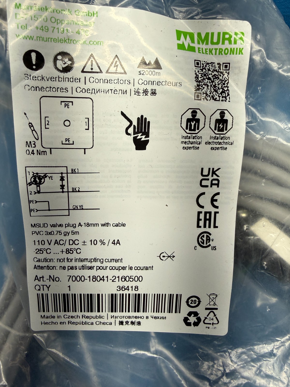 Murr Elektronik 7000-18041-2160500 110VAC 4A MSUD Valve Plug Cable