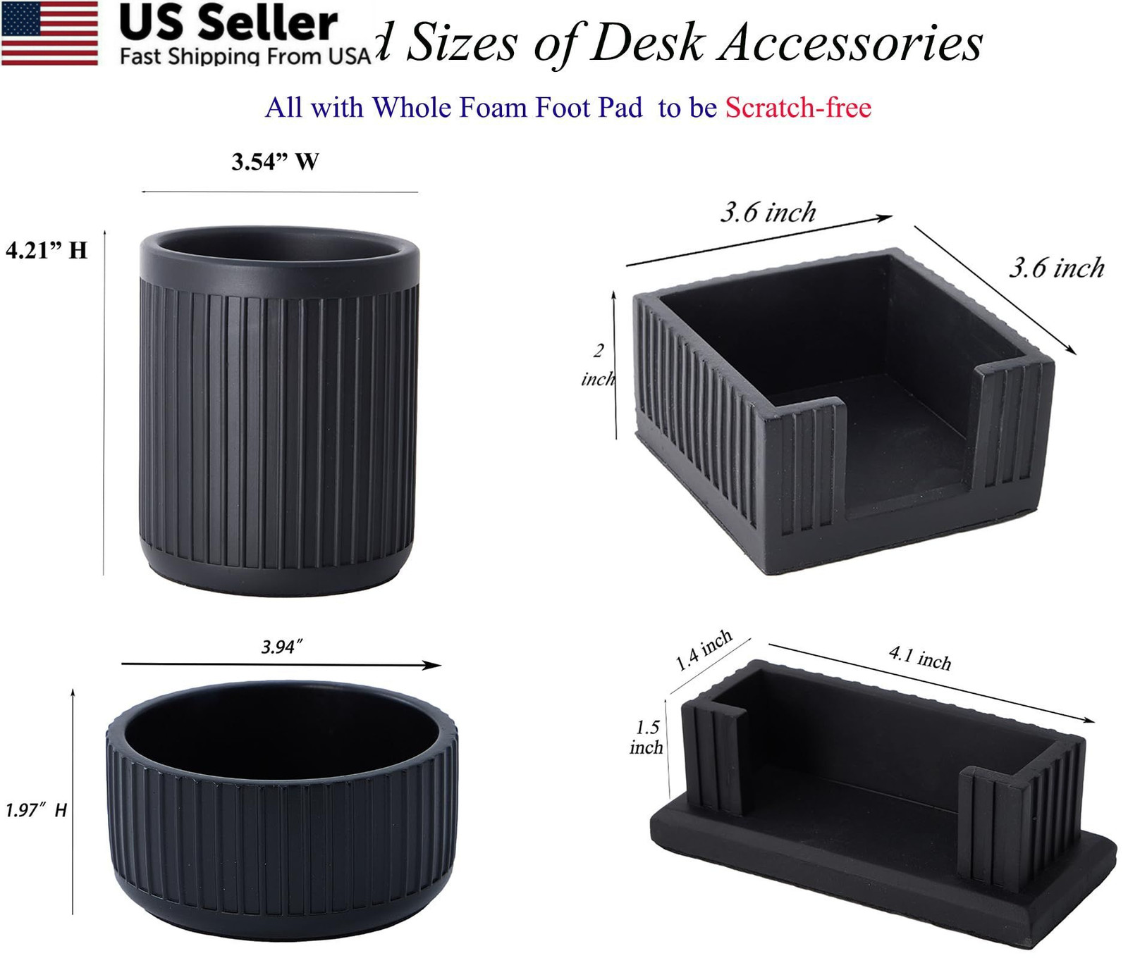 Set of 4 – Concrete Desk Accessories For Modern, Industrial, Charcoal Black