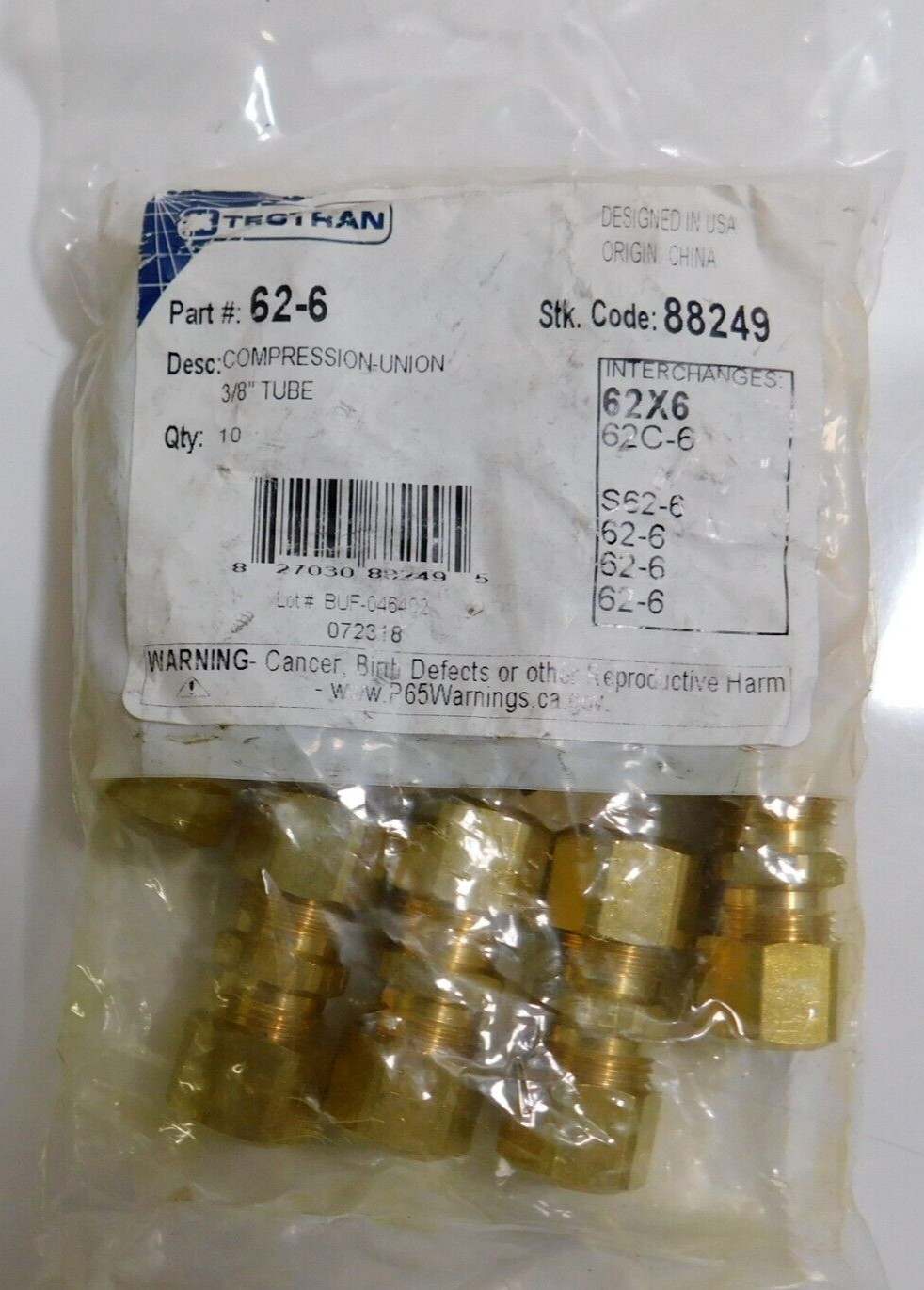 Tectran PN 62-6 Compression Union 3/8″ Tube (Pack of 10)