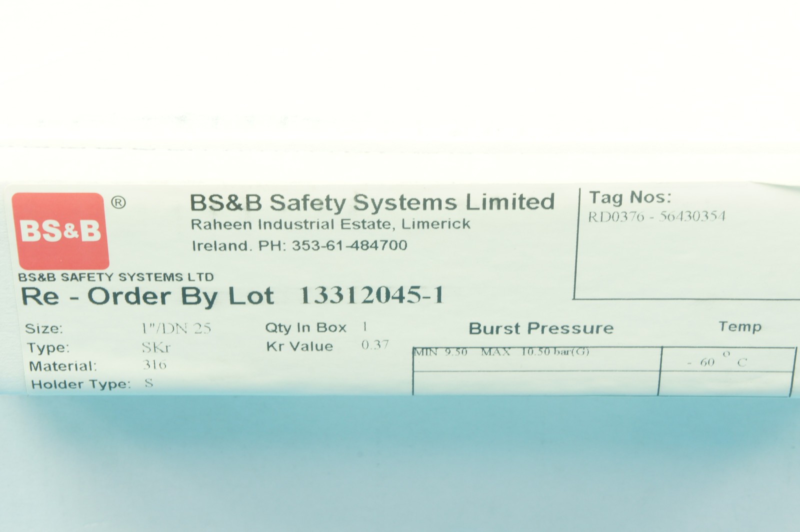 BS&B 13312045-1 SKR rupture disk 1 in.(1″)/DN25 316SS 9.50-10.50bar(G)@-60°C