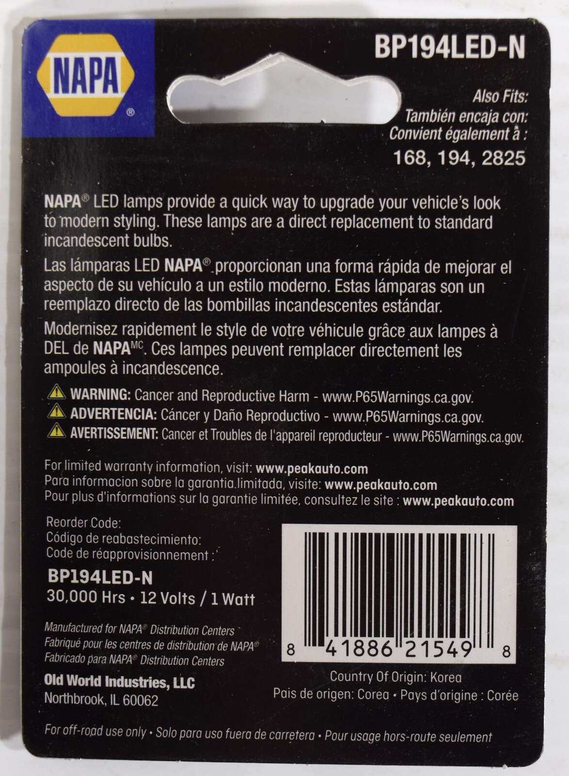 (QTY 4) NAPA Standard LED Bright White Miniature Bulb BP194LED-N (NEW SEALED)