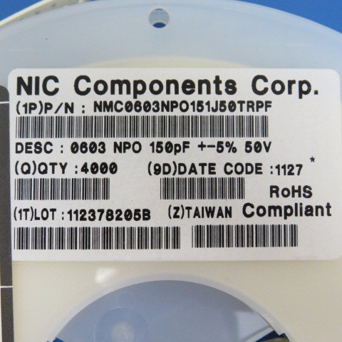 NIC COMPONENTS NMC0603NPO151J50TRPF Qty of 2750 per Lot CAP CER 150 PF 5% 0603