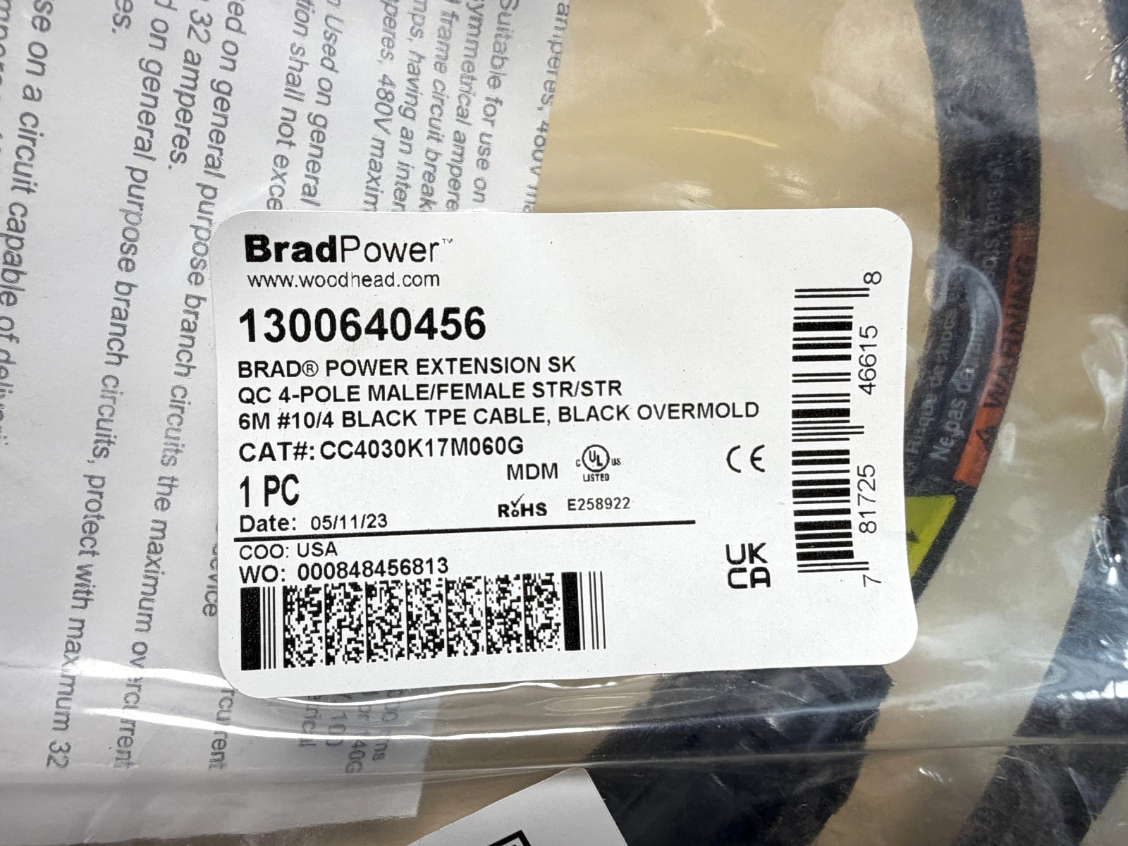 Woodhead CC4030K17M060G Brad Power SK QC 4-Pole Cable, 10/4 1300640456