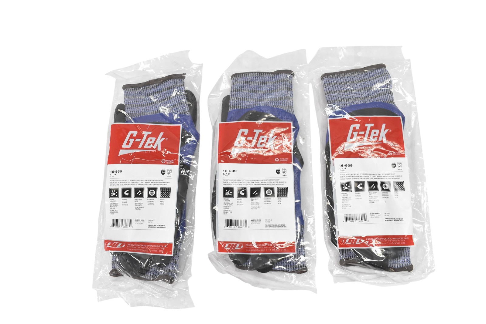 G-Tek PolyKor 16-939 Cut A4 Nitrile Coated Gloves Large L/9 Oil Grip PIP 3 Pairs