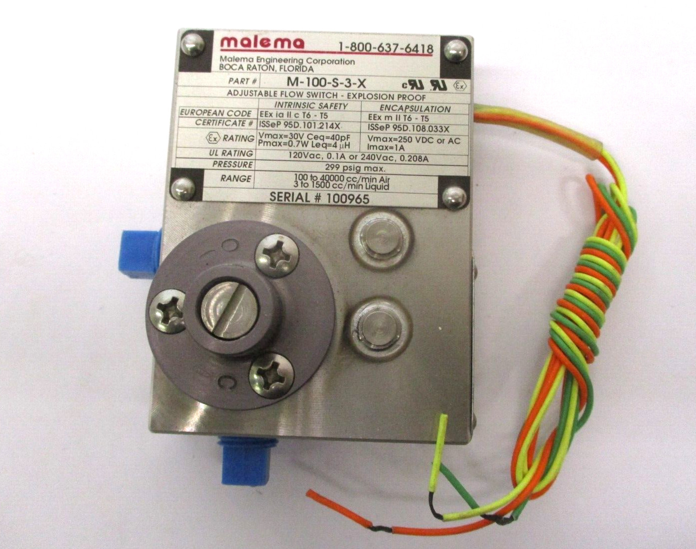 Malema M-100-S-3-X UL Recognized Adjustable Flow Switch A7236WVS