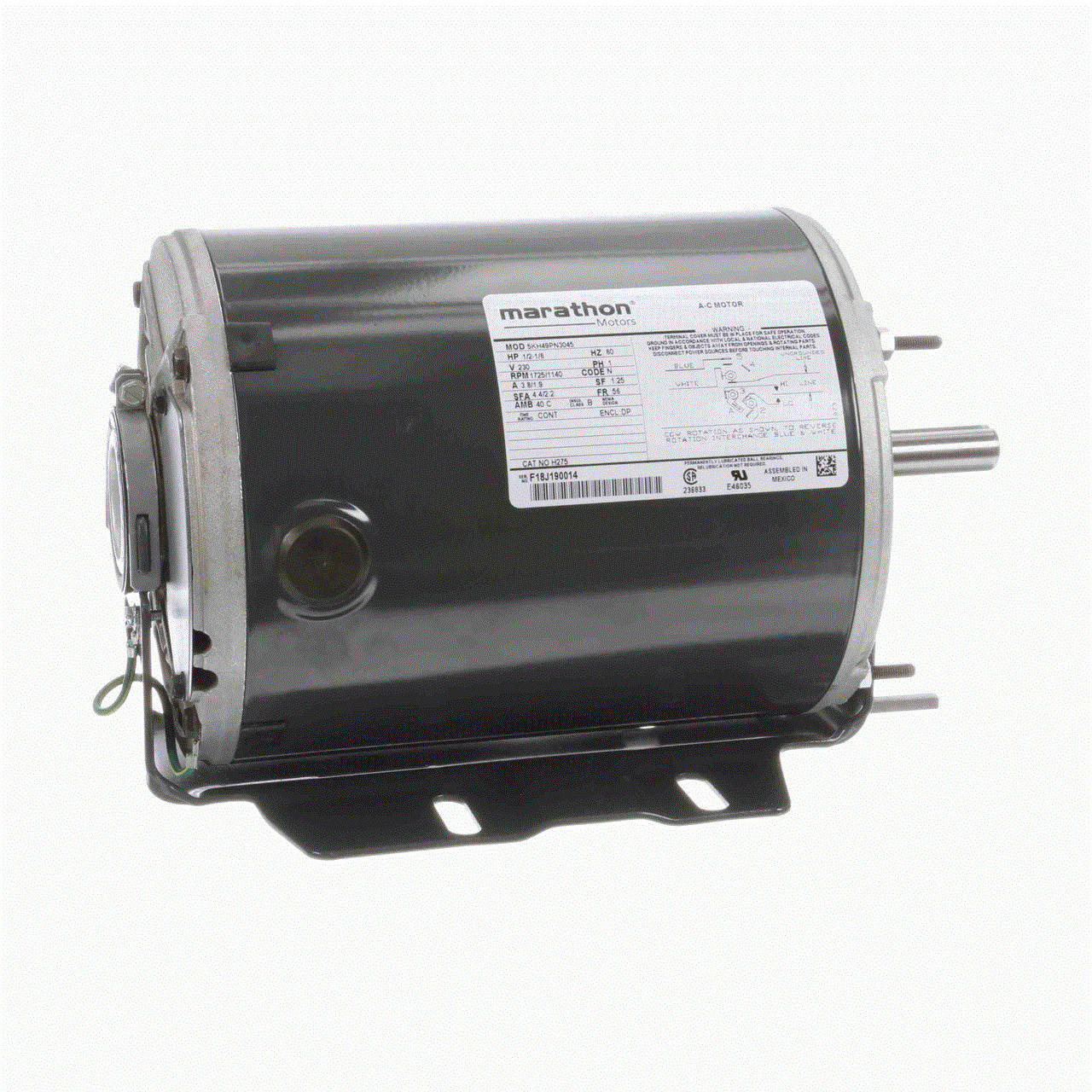 H275 Marathon 1/2 Hp, 1725/1140 Rpm, 56 FR, 230 V, Split PH, Dripproof, Resilie