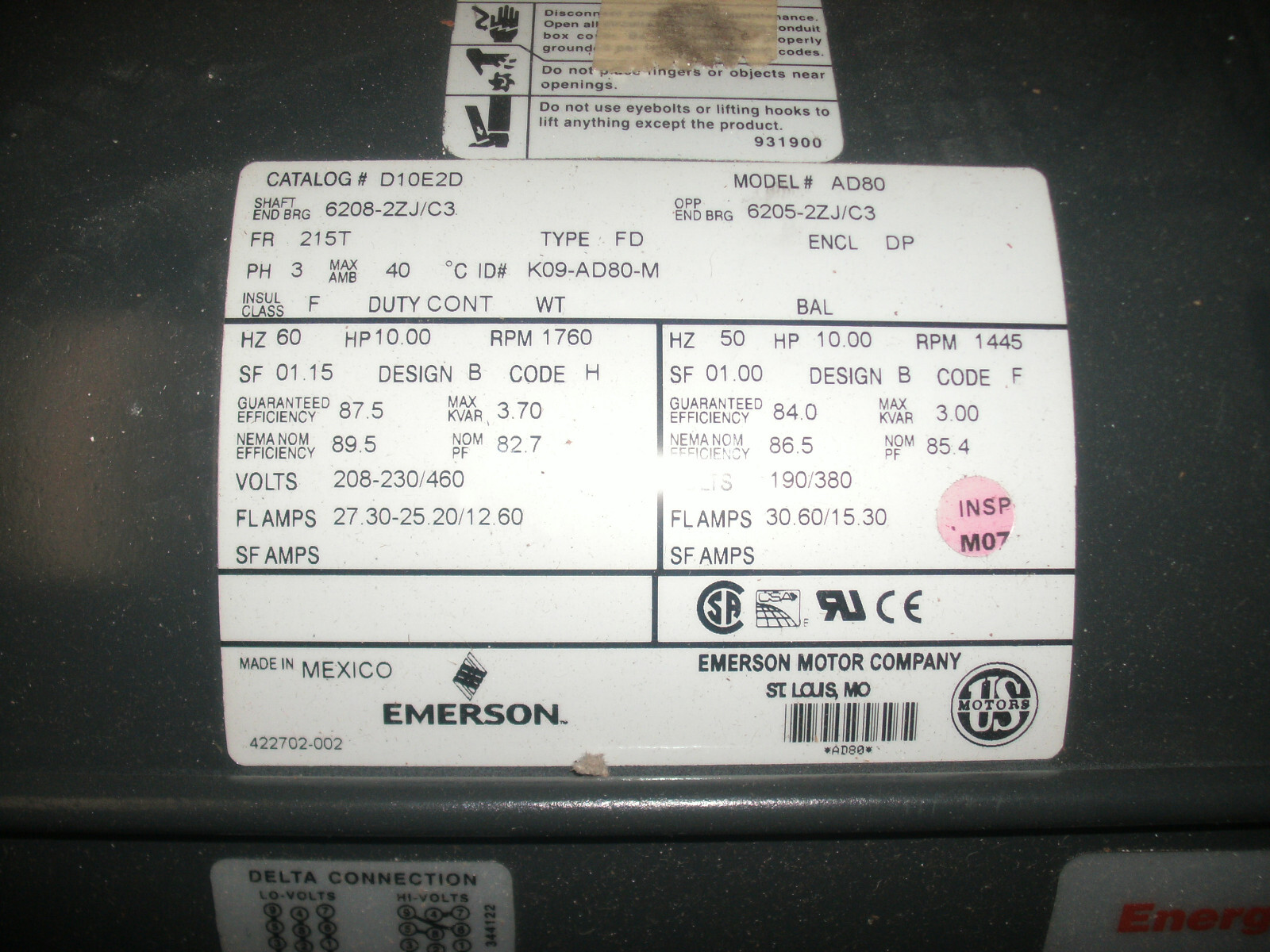 EMERSON/US MOTORS D10E2D ELECTRIC MOTOR 10 HP 1760/1445 RPM 3 PH 230/460