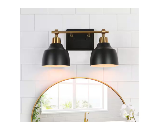 LNC Modern 2-Light Black Light w/ Brass Plated Metal Arm White Inner Bell Shades