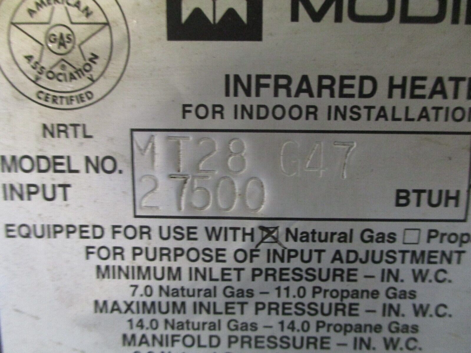 Modine Infrared Heater MT28 G47 27,500 BTUH 120VAC Natural Gas Used