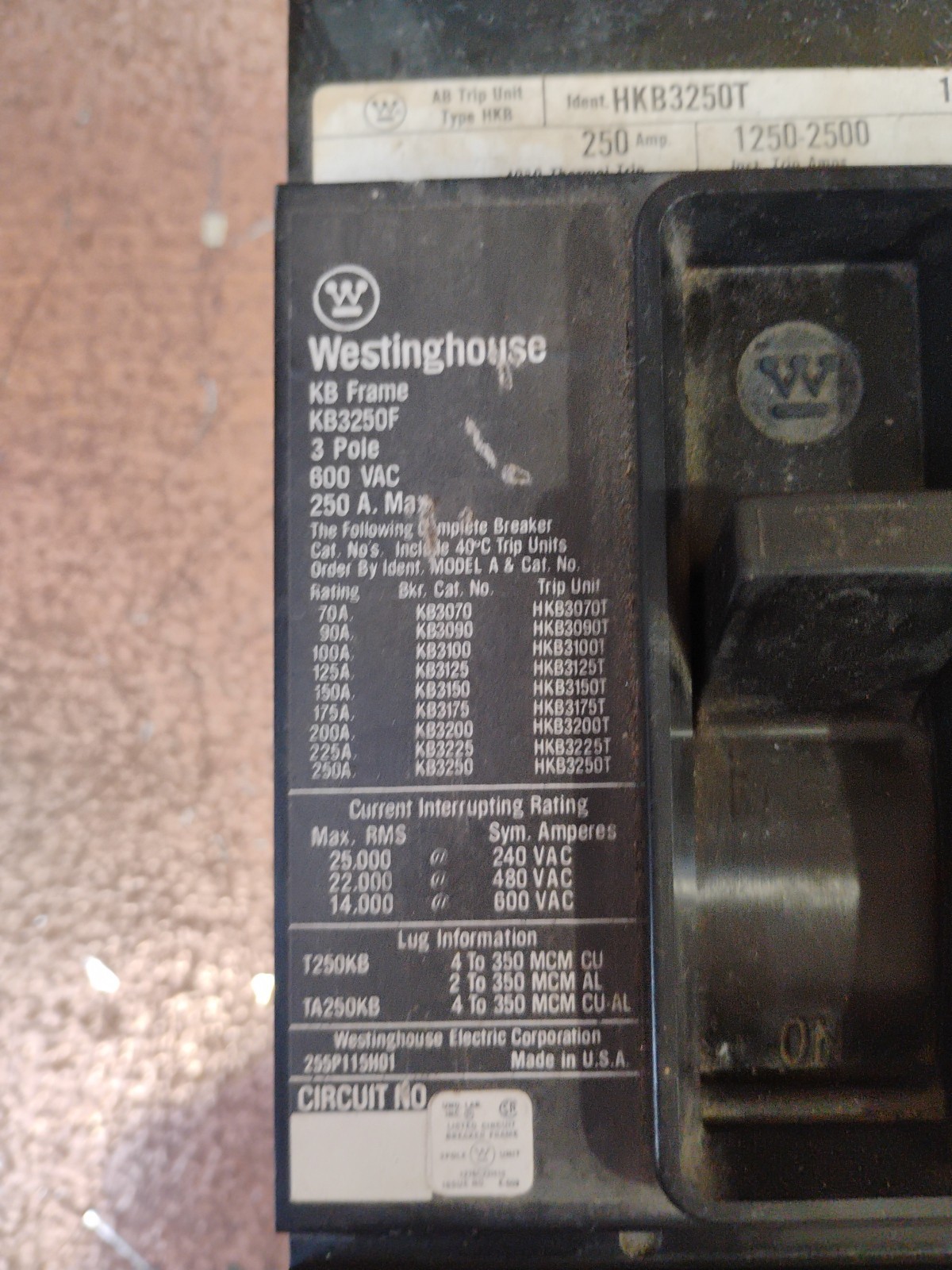 WESTINGHOUSE HKB3250T 1293C32G09 250A NSMP