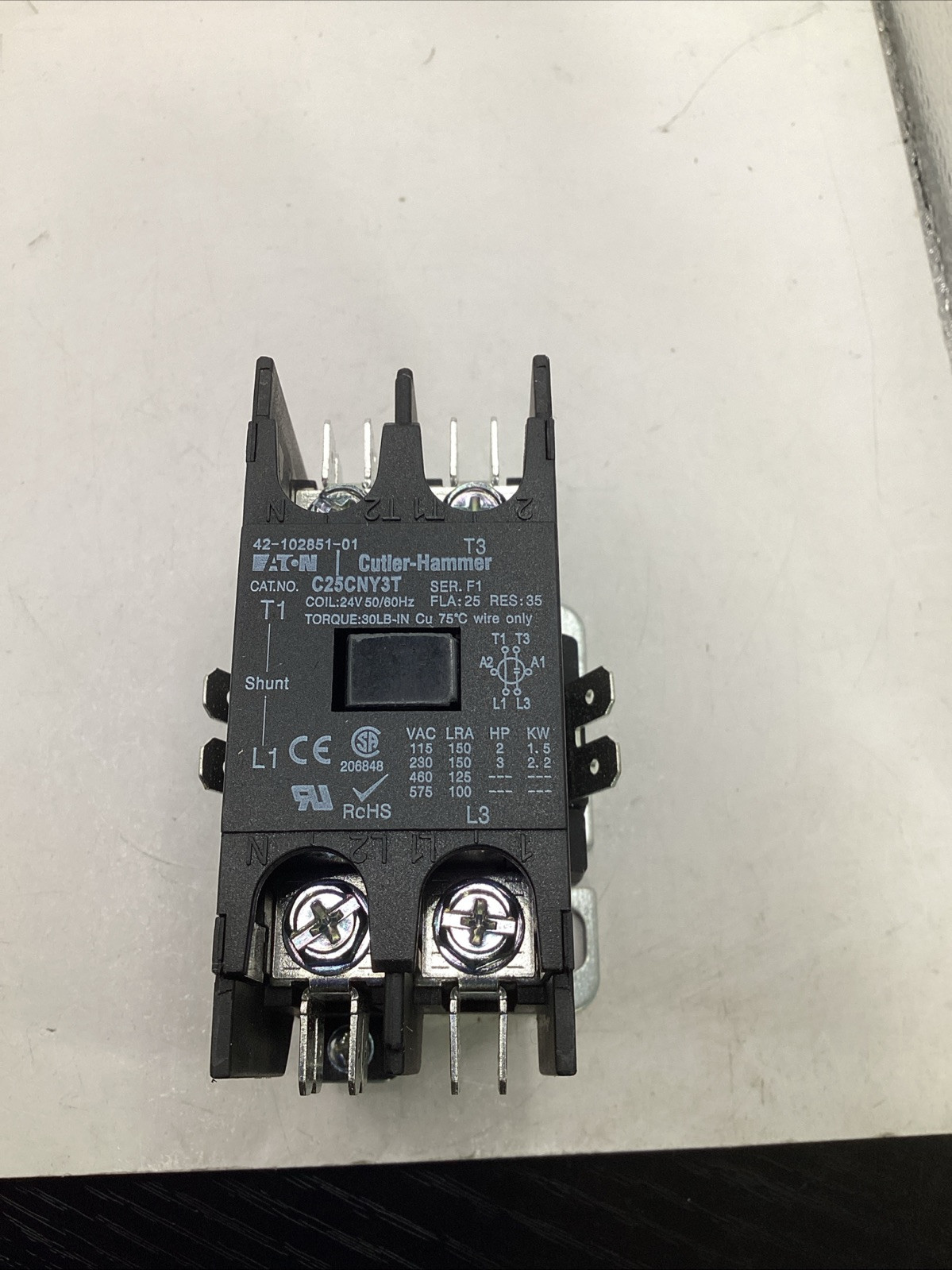EATON CUTLER HAMMER C25CNY3T CONTACTOR 1P W/SHUNT 24VAC COIL 🟣
