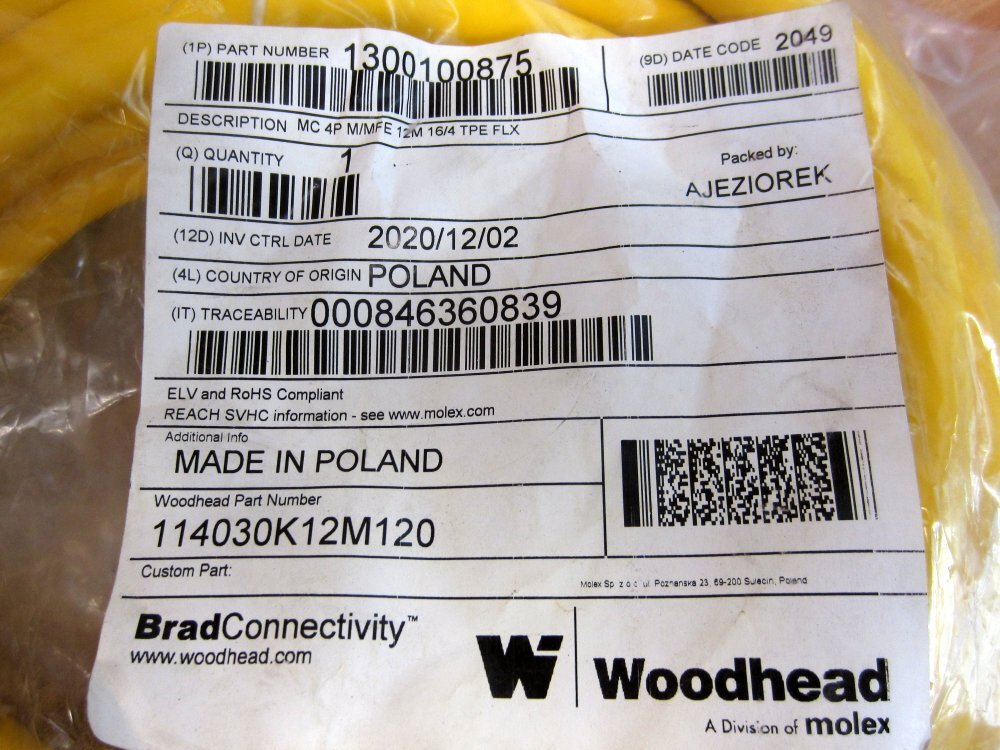 Molex 1300100875 MC 4P M/MFE 12M 16/4 TPE FLX 114030K12M120