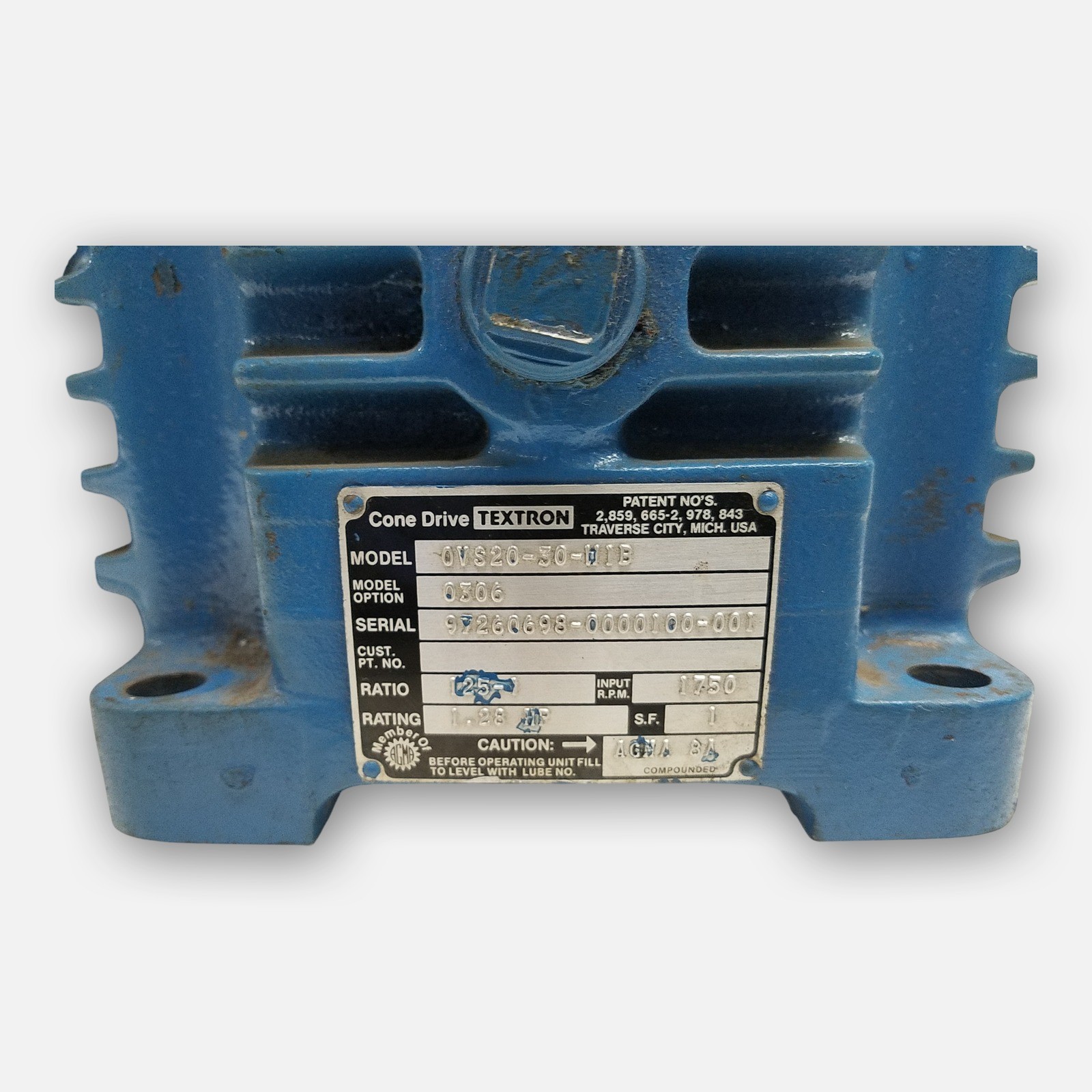 NEW CONE DRIVE 0VS20-30-W1B Model 306 TEXTRON GEAR REDUCER RATIO: 125-1 1750RPM