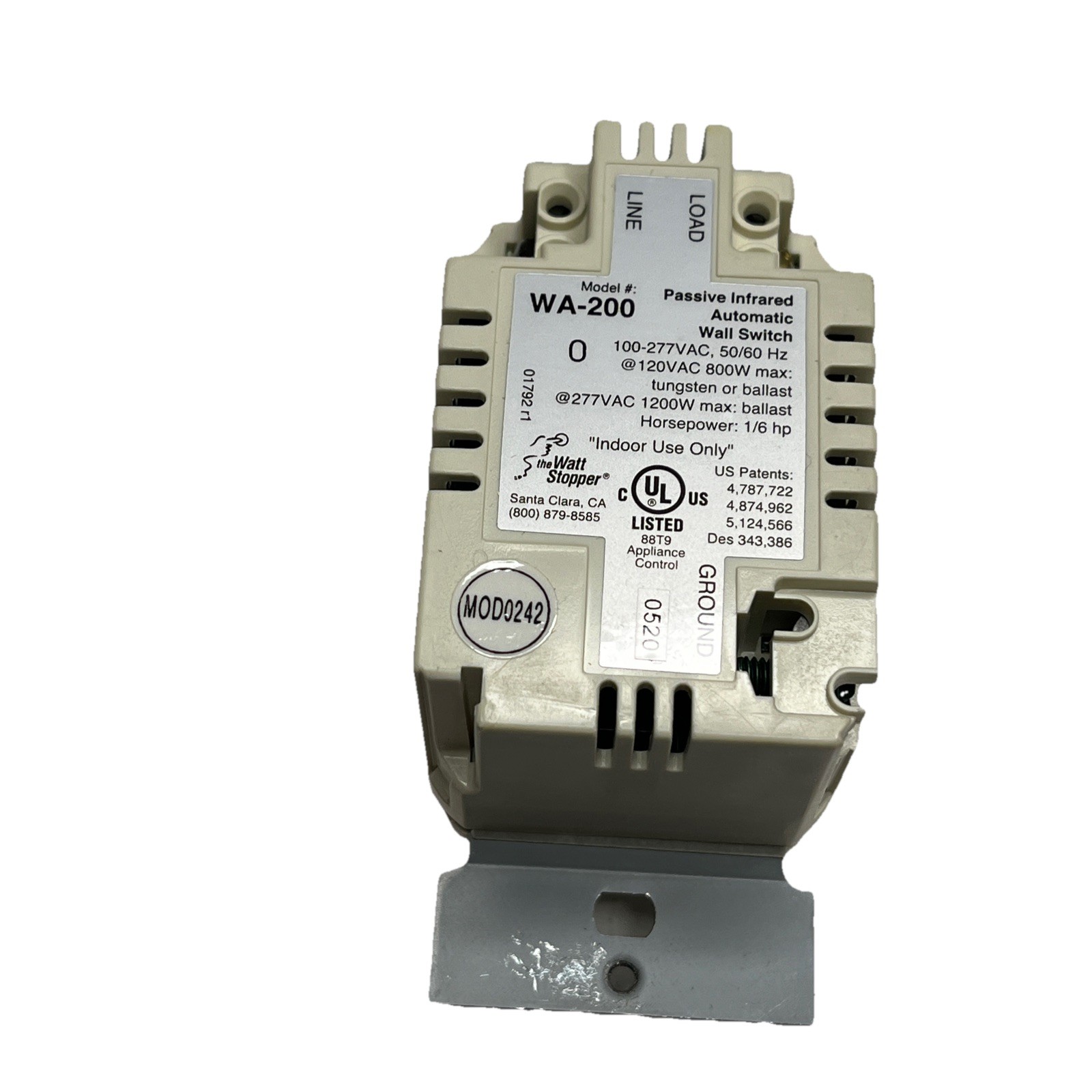 Watt Stopper WA-200-A Passive IR Automated Wall Switch 120-277 VAC 50/60 Hz