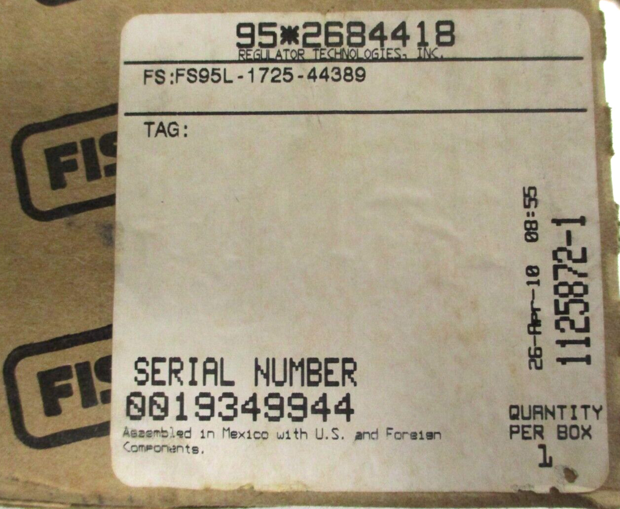 FISHER CONTROLS, FS95L-1725-44389, 95L, 1/4″ FNPT REGULATOR, RANGE: 2-6 ,SURPLUS