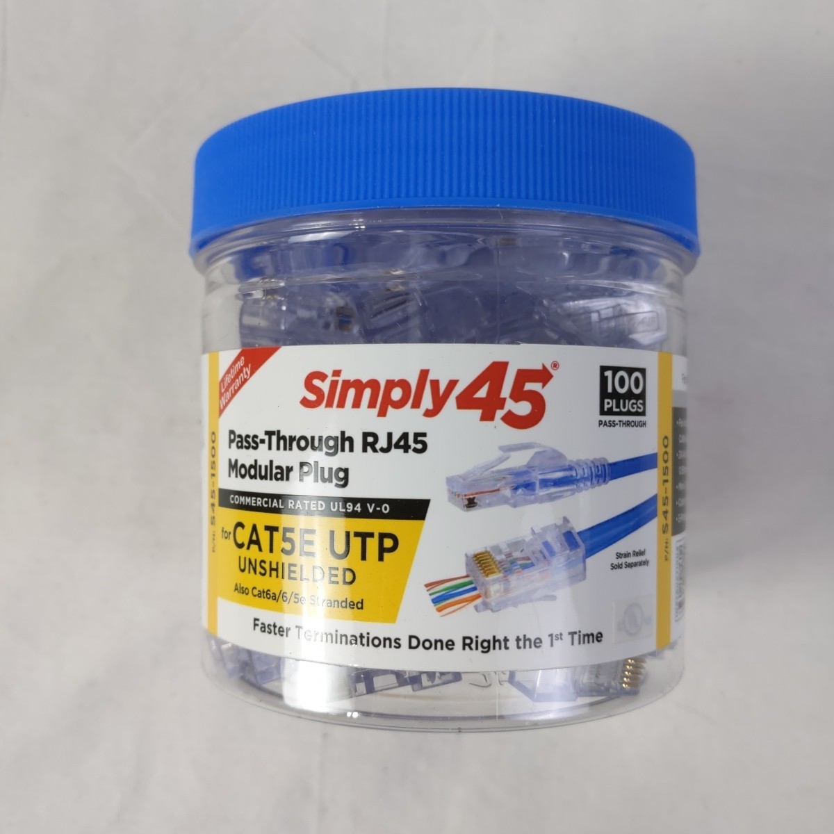 Simply45 S45-1500 Cat5E Unshielded Pass-Through RJ45 Modular Plugs 100 pc/Jar