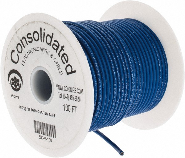 Made in USA 16 AWG, 26 Strand, 100′ OAL, Tinned Copper Hook Up Wire Blue PVC …