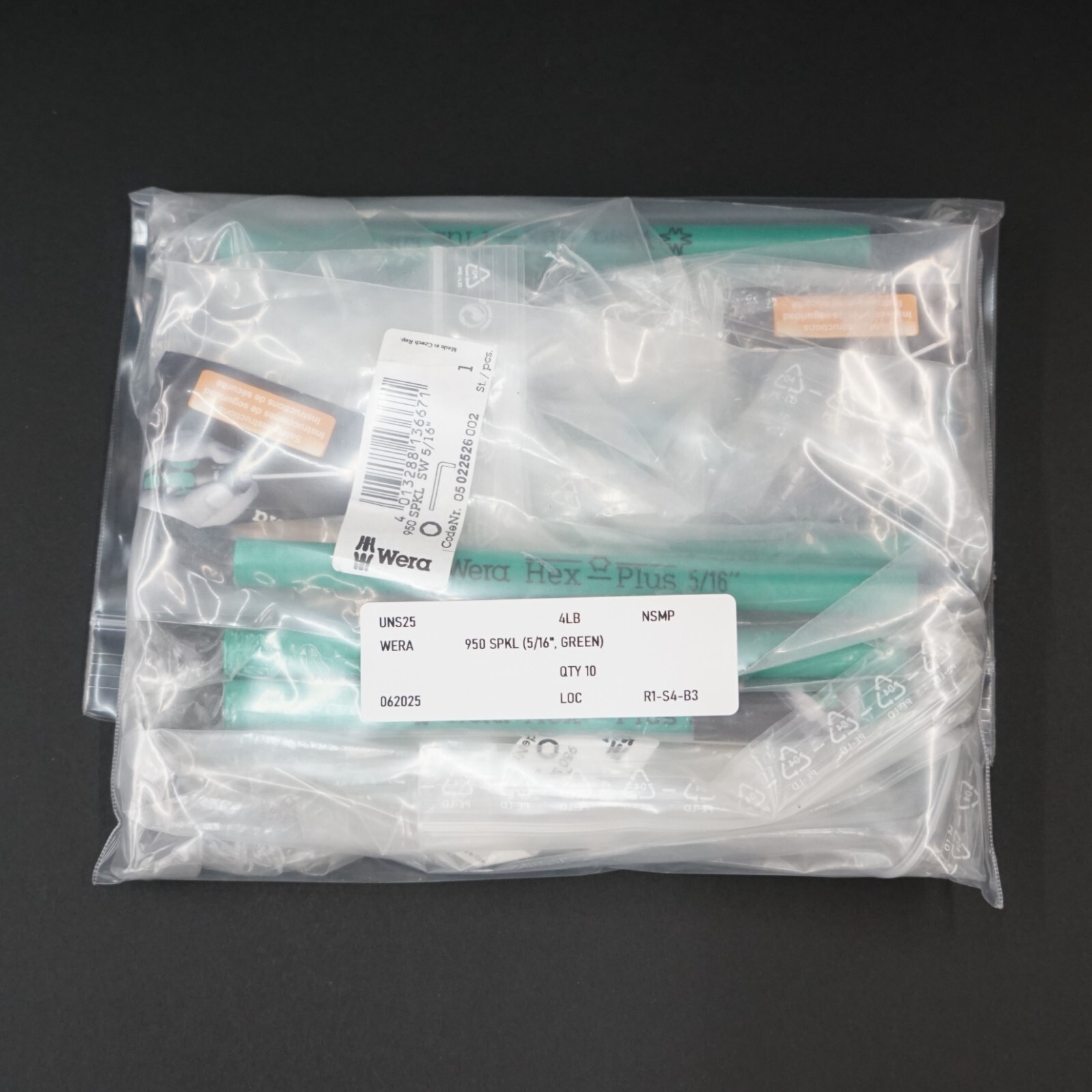 Wera 950 SPKL Ball End Hex Key, 5/16″ L-Key, Green (QTY 10)