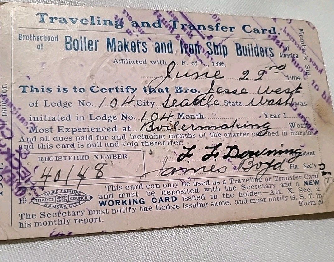 International Brotherhood Of Boilermakers, Iron Ship Builders Service Card 1904