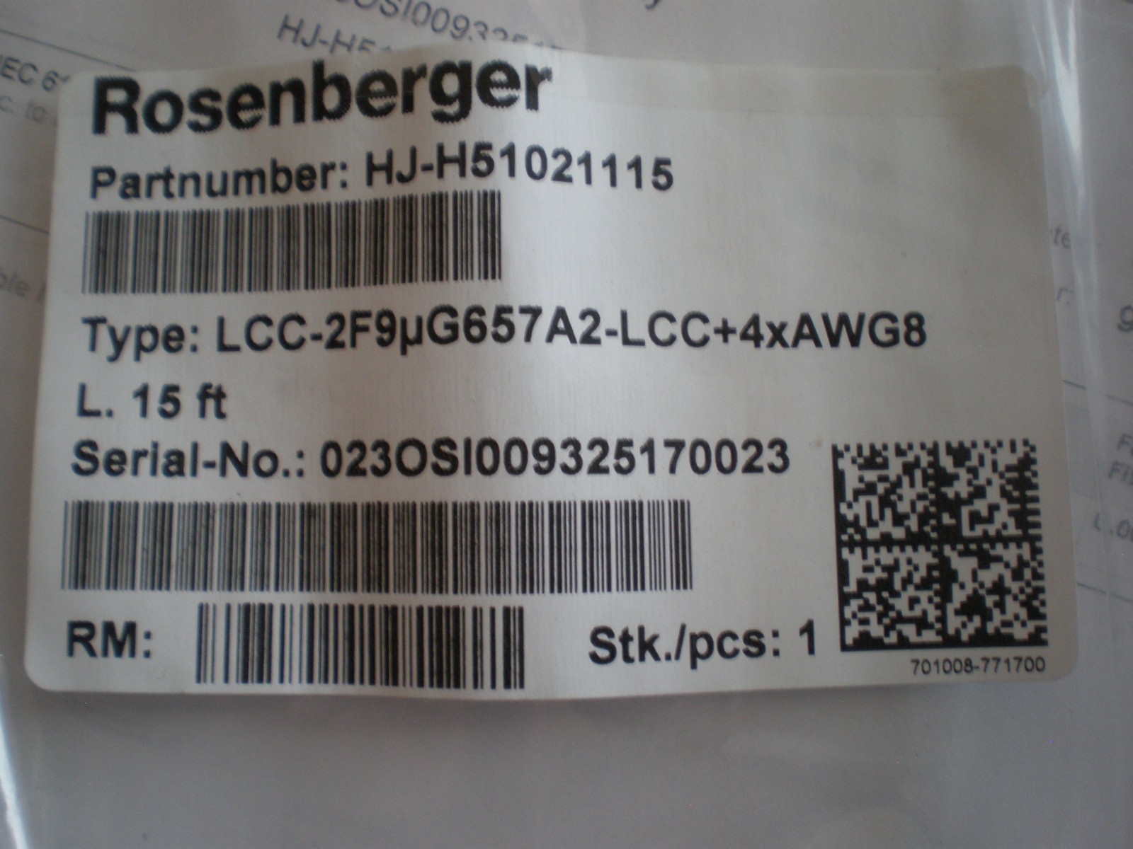 Rosenberger HJ-H51021115 FTTA Hybrid LCC+RFE+2x8AWG+RFE-2F9µG657A2- LCC+2x8AWG