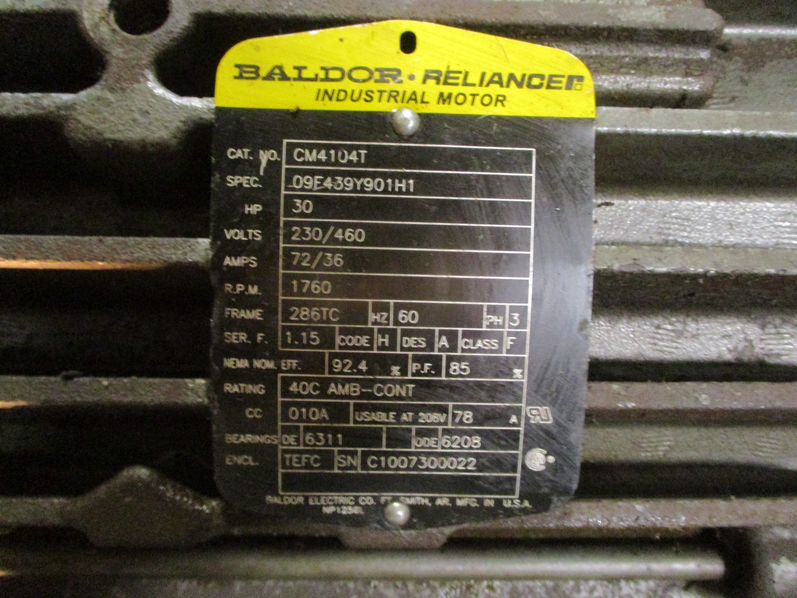 Baldor Reliance CM4104T 30HP 230/460V 72/36A Frame 286TC Motor 53030ISU