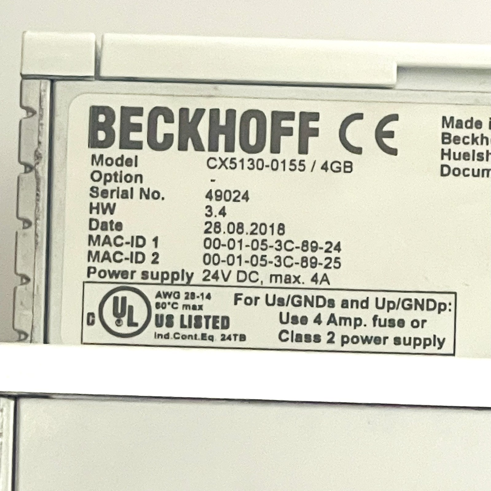 Used Beckhoff CX5130-0155 / 4GB Programmable Logic Controller PLC