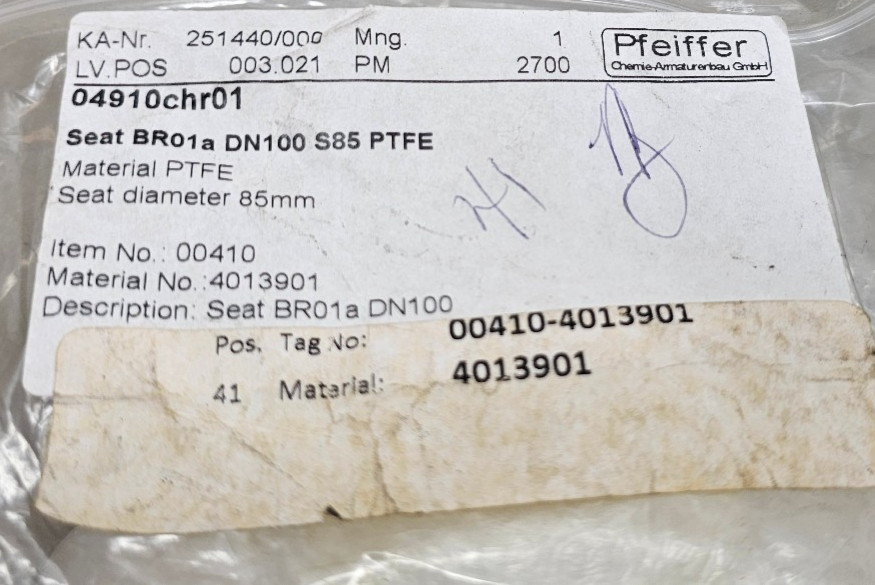 Pfeiffer 251440/000 04910chr01 Seat BR01a DN100 S85 PTFE